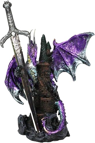 Ebros Gift Legendario caballero blindado metálico púrpura del Pacífico con torre de castillo y espada gótica abrecartas estatuilla decorativa para
