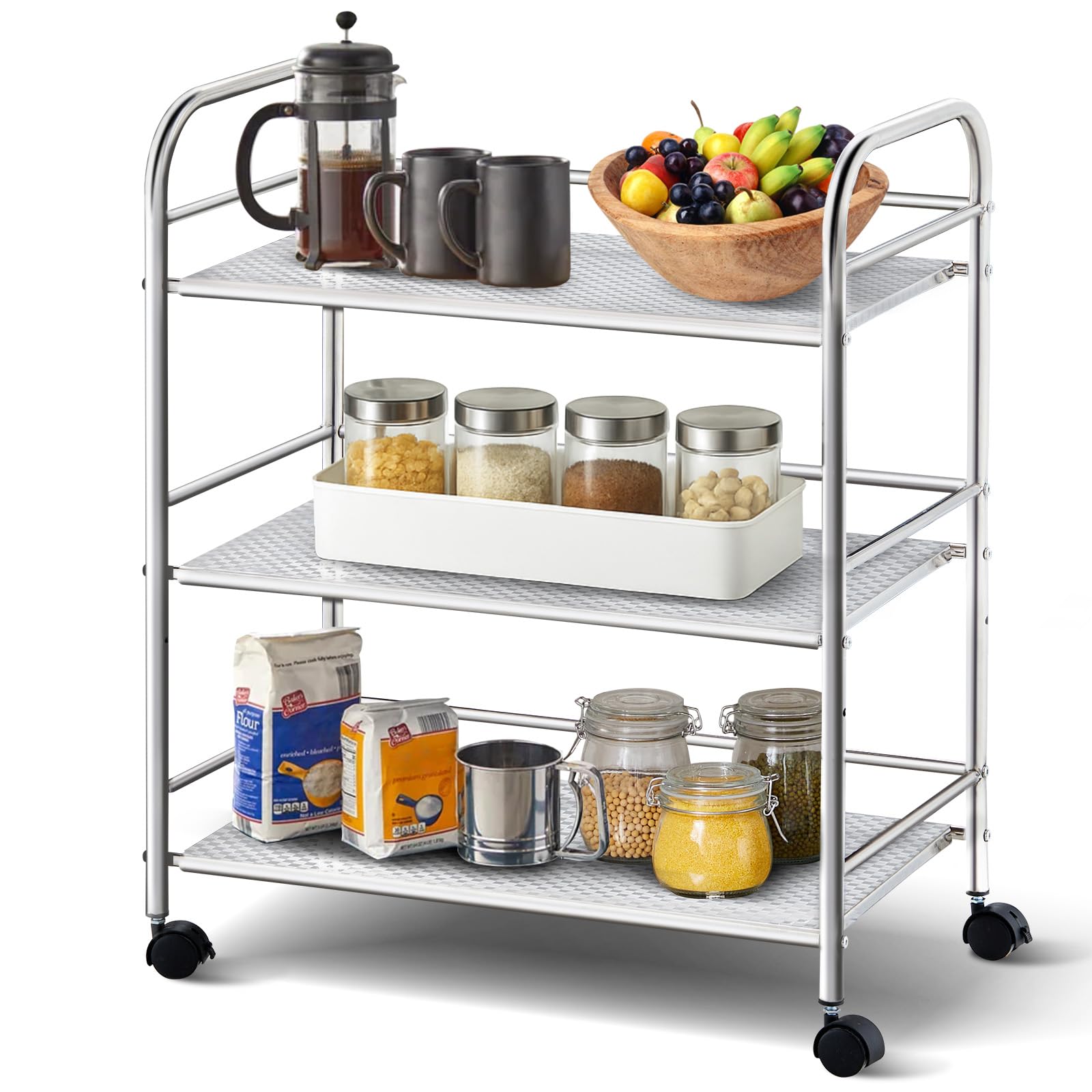 LEMROE 3-Tier Stainless Steel Storage Trolley Cart 50kg Capacity Kitchen Utility Cart Storage Shelf with Lockable Wheels for Home Living Room Bathroom