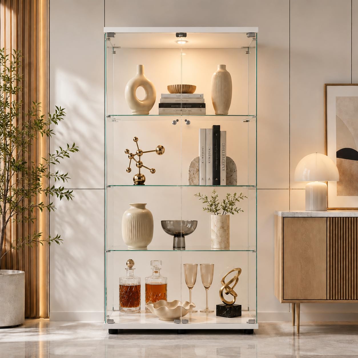 Glasvitrine Standvitrine mit Led, Sammlervitrine stehend mit 2 Glastüren abschließbar und 4 Böden Vitrinenschrank Transparente Vitrine Glas für Wohnzimmer Büro Sammlerstücke Bücher Wein (Weiß)