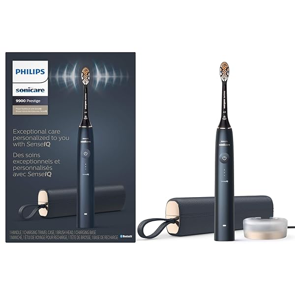 Philips Sonicare DiamondClean 9900 Prestige Electric Toothbrush - with SenseIQ Technology and Advanced AI App, 5 Brushing Modes, 3 Intensity Levels, Charging Travel Case,Midnight Blue, Model HX9990/12