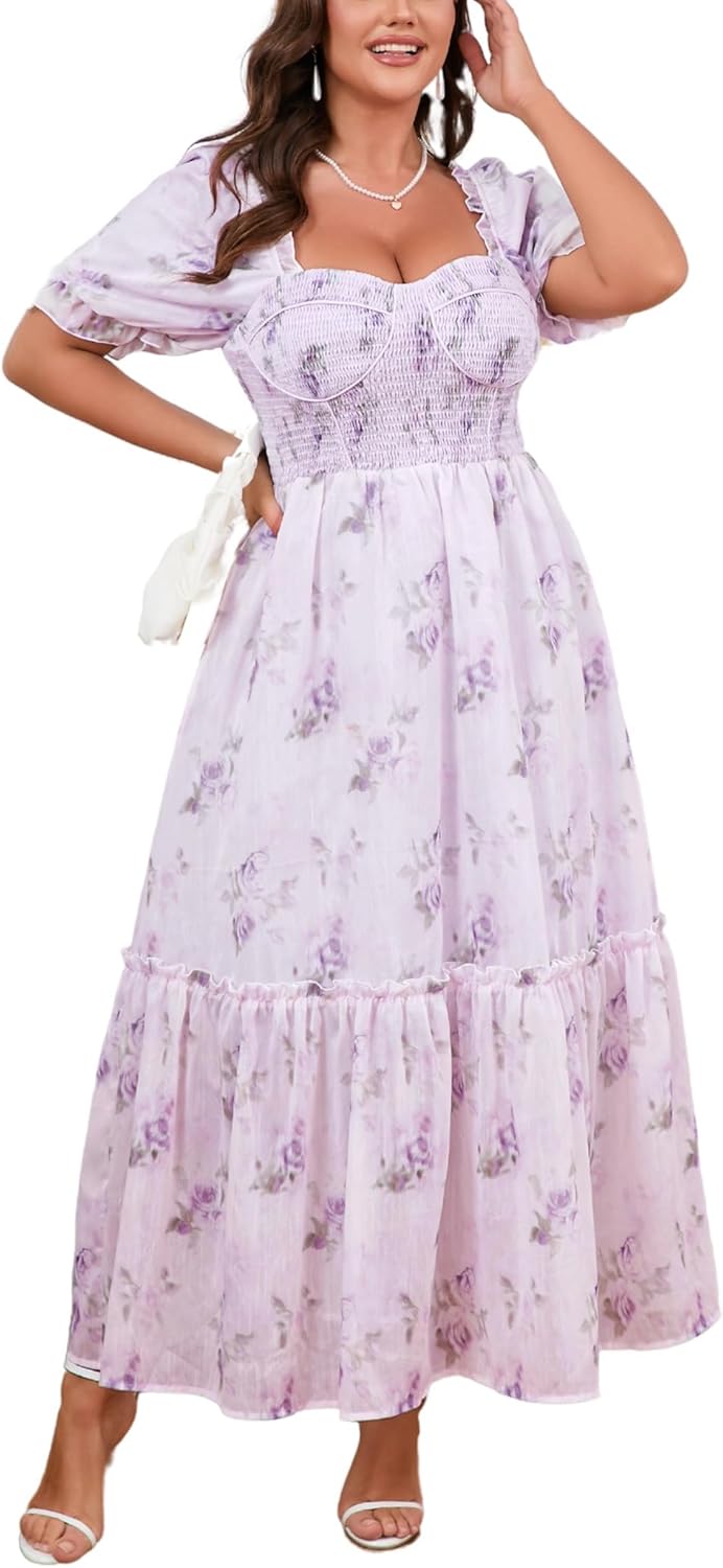 Women's Plus Size Floral Maxi Dress Puff Sleeves Cottagecore Corset Dresses Flowy Smocked Formal Casual Party Wear