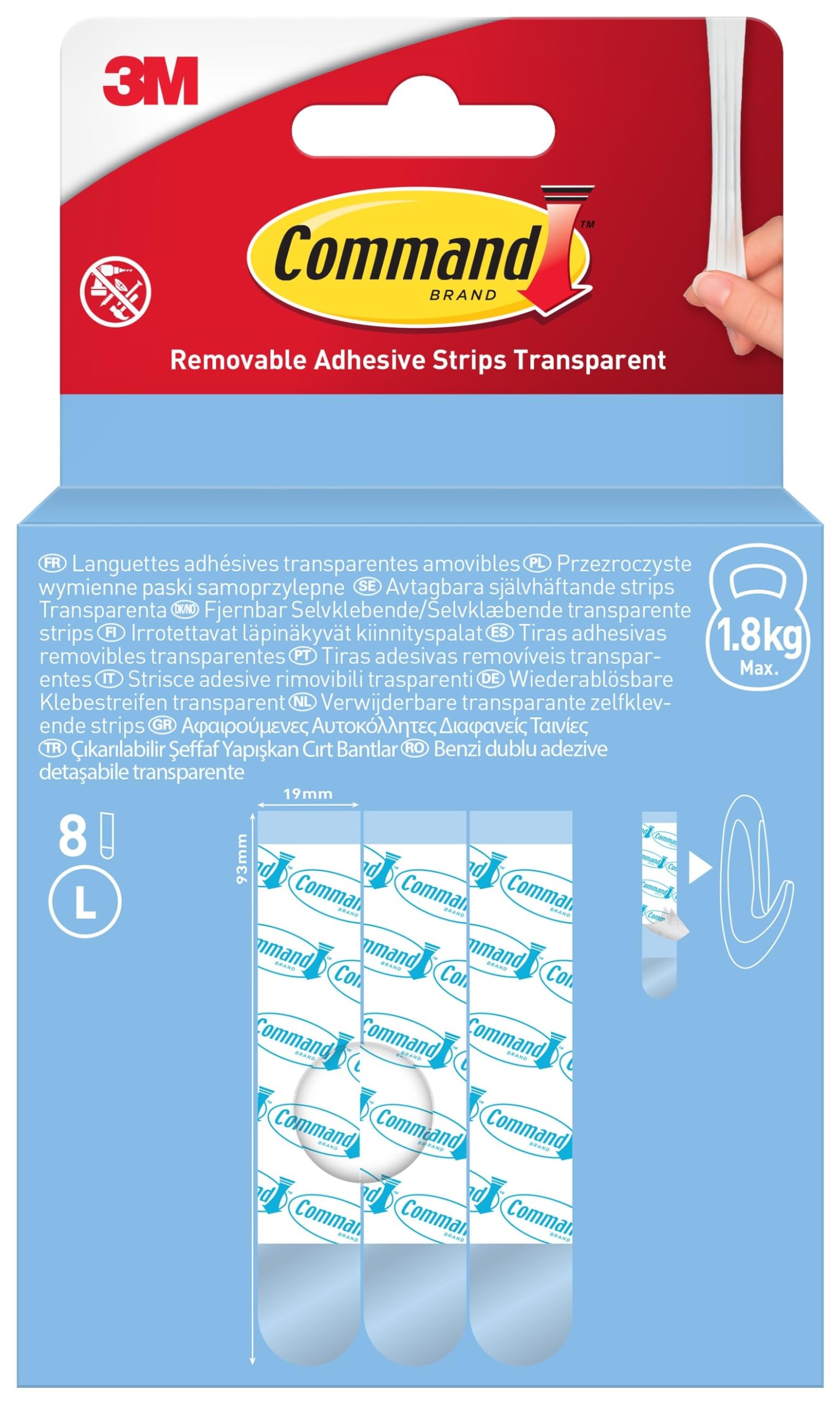 Command Transparent Clear Removable Adhesive Strips - Pack Of 8 Large Wall Strips For Decorations And Fairy Lights - Damage-Free Hanging - No Tools Required - Holds Up To 1.8Kg