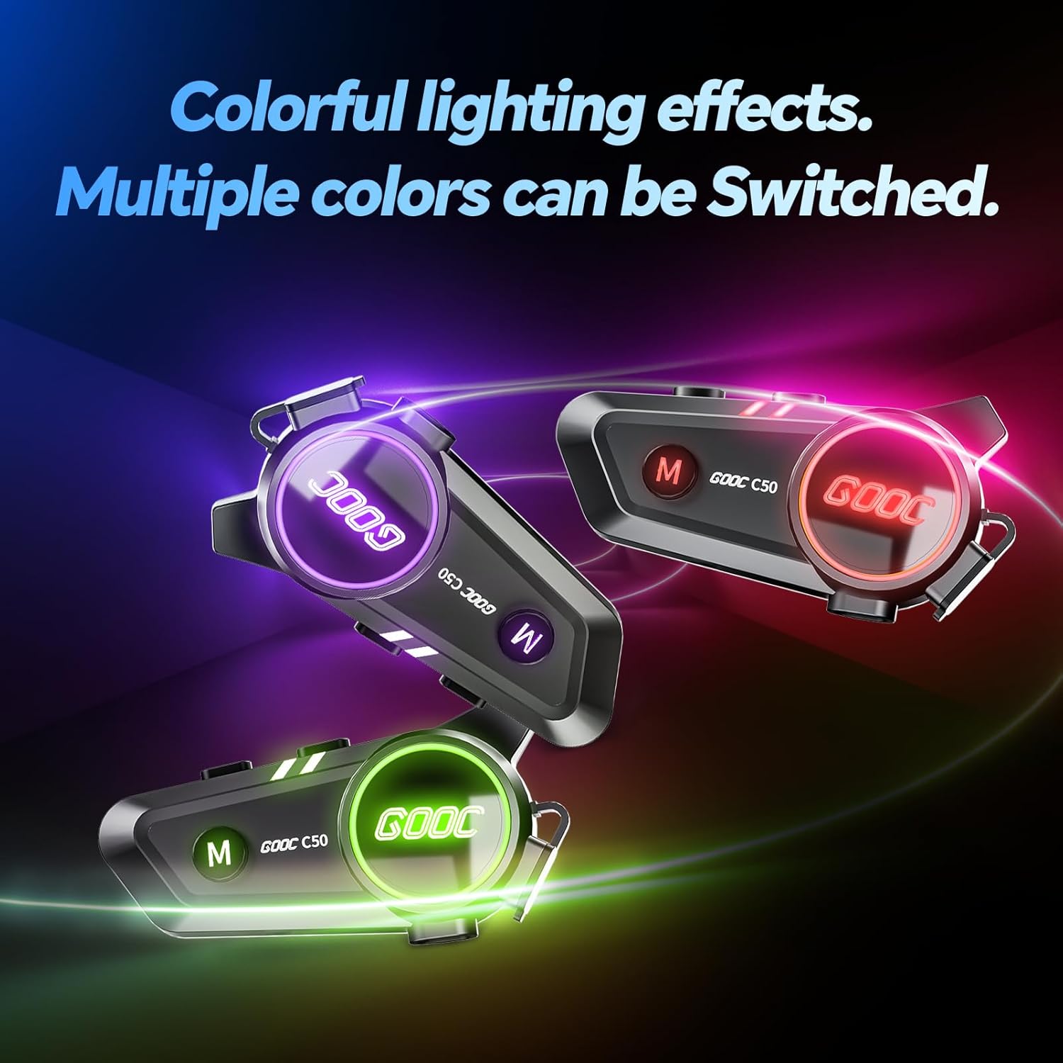 JZAQ C50 headsets displaying various colorful lighting effects