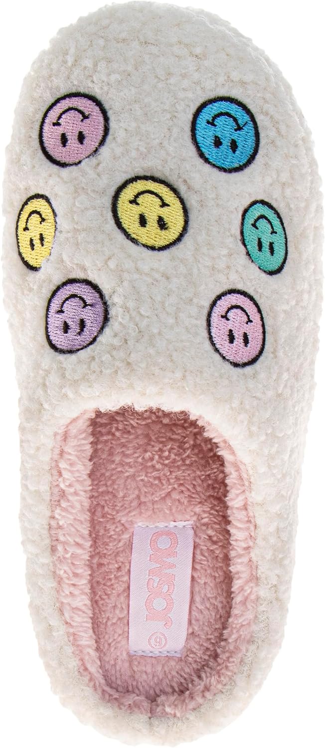 Josmo Kids Fuzzy Slippers for Girls or Boys Plush Slip-On House Shoes Smiley Face Strap Back Cozy Indoor Slides Size 11-13 Little Kids / 1-4 Big Kids