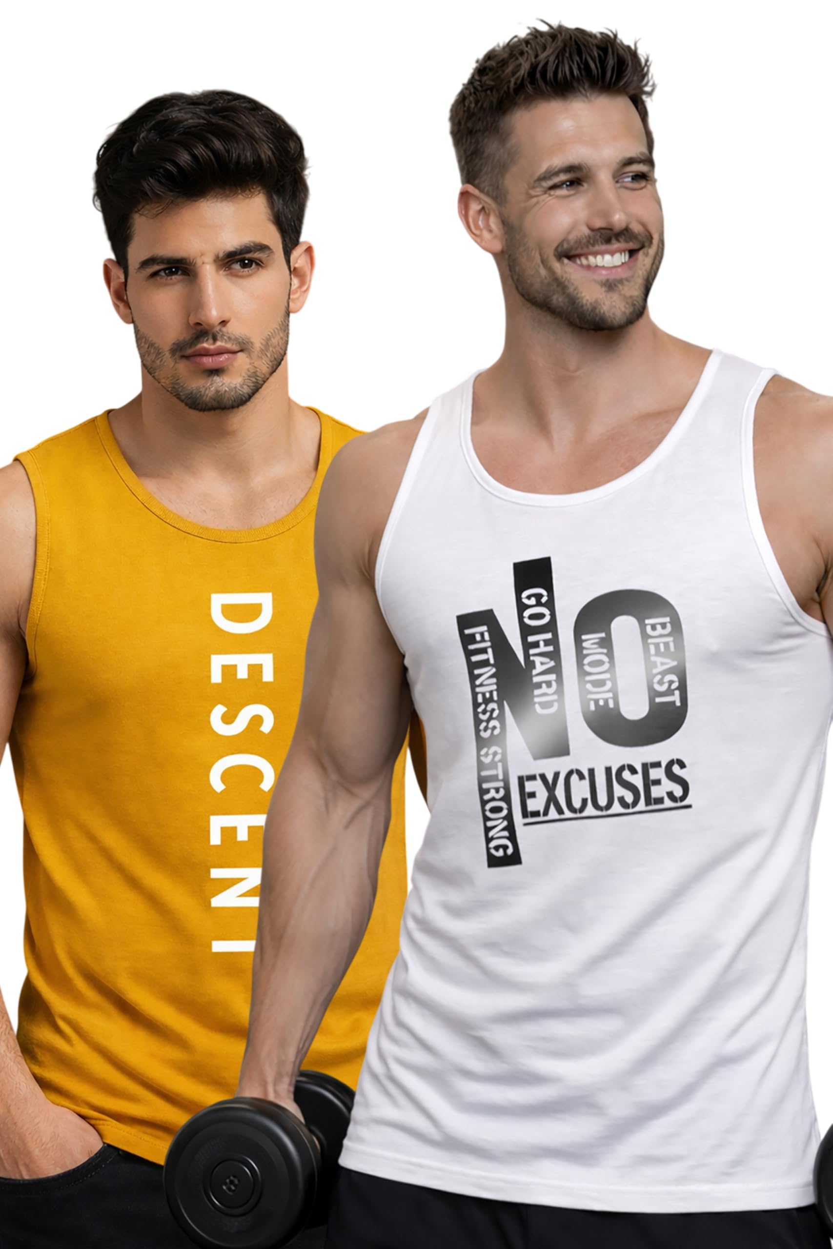 Polyester Letter Printed Vest for Men - Pack of 2 - White & Yellow | Round Neck | Sleeveless | Regular Fit | Summer & Gym Wear Tank Top for Men-image-48