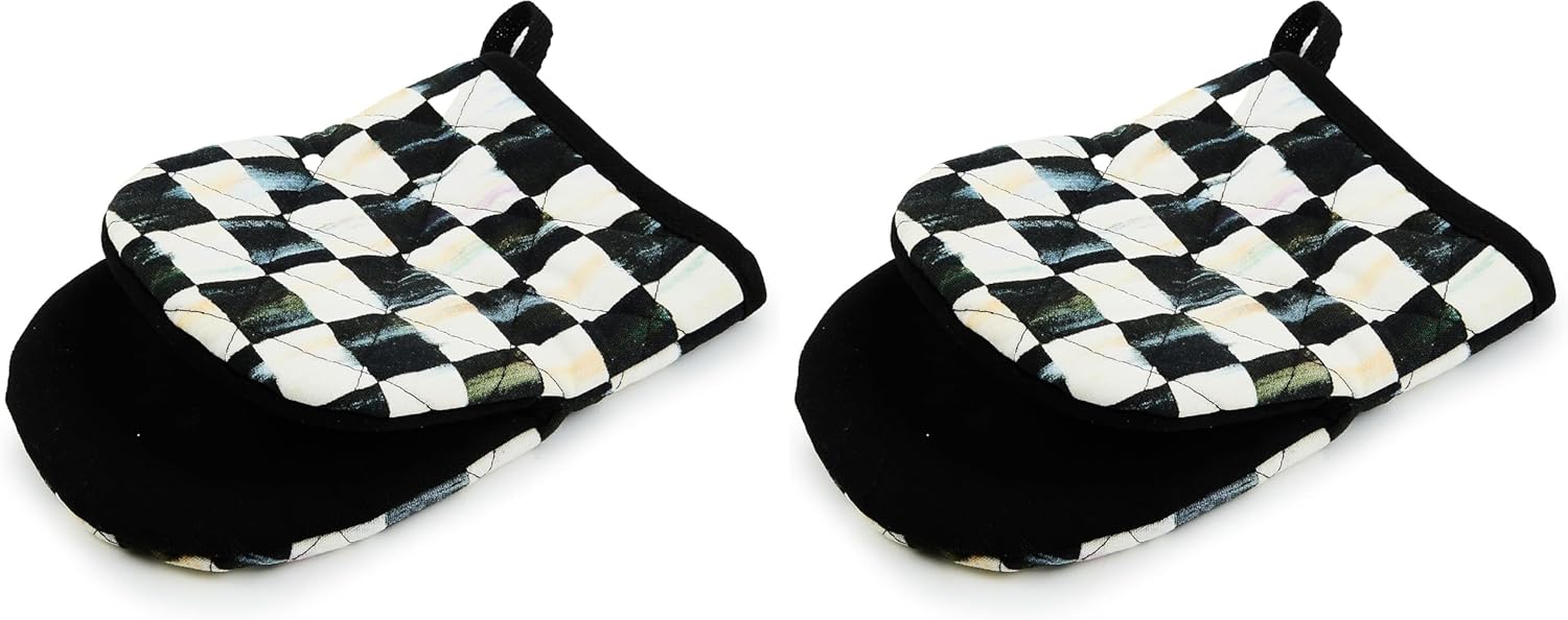 MACKENZIE-CHILDS Oven Mitt, Kitchen Oven Mitt for Cooking and Baking, Mini, Black-and-White Courtly Check (Pack of 2)