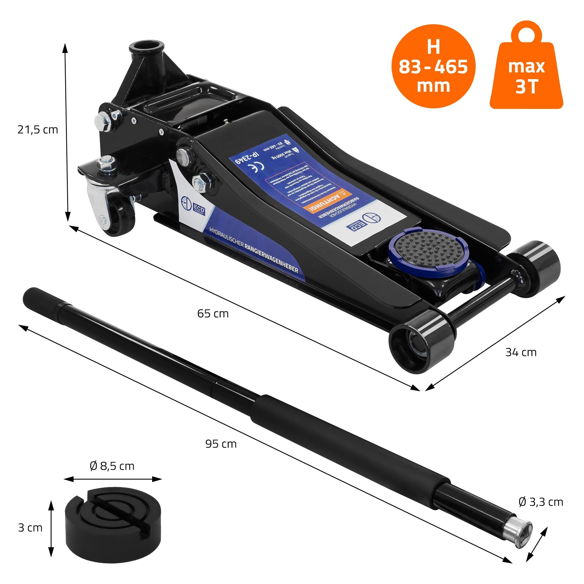 ECD Germany Gato Hidráulico 3T 83-465 mm Elevación Plana con Almohadillas de Goma y Rodillos 360°