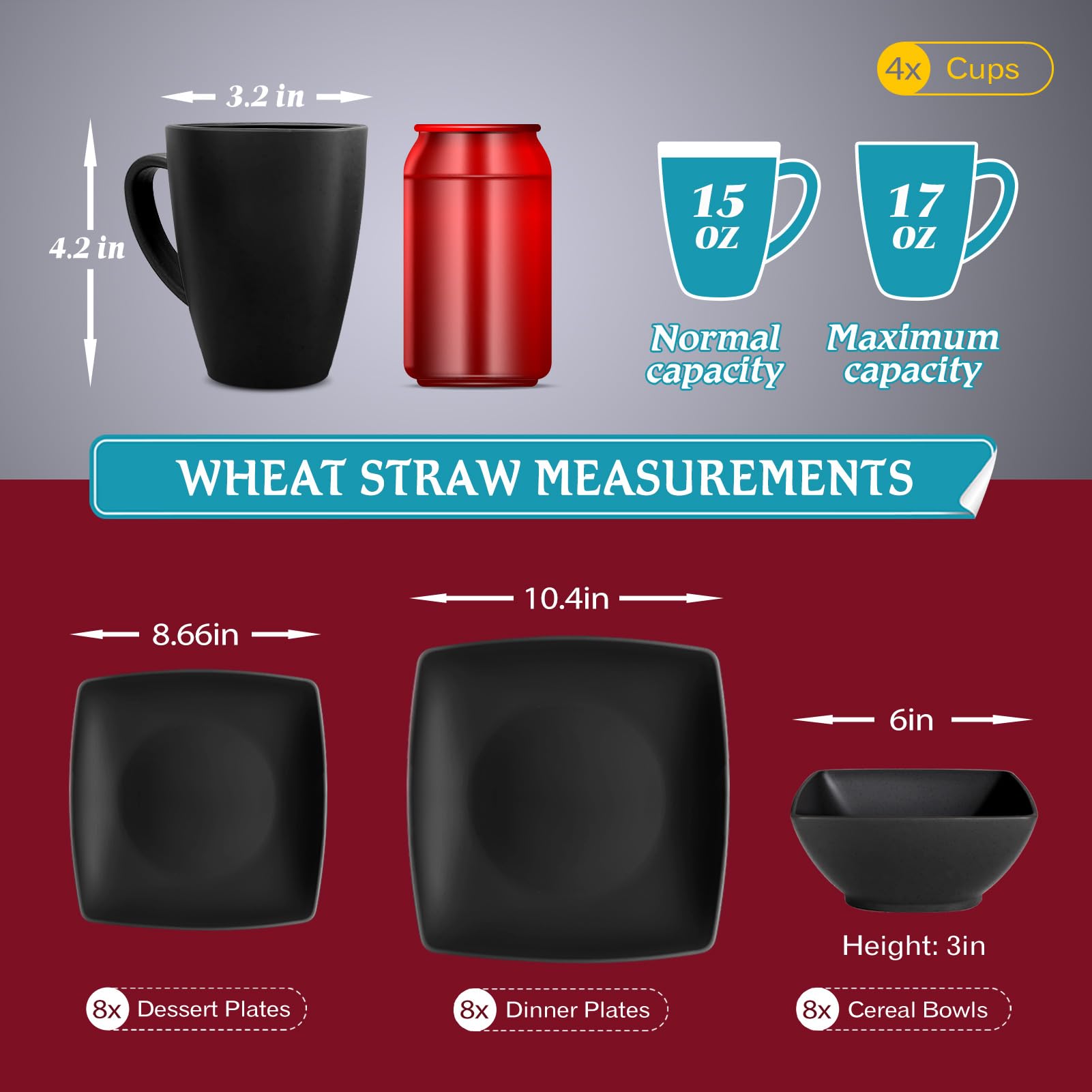 Teivio 16-piece Plastic Wheat Straw Square Dinnerware Set for 4, Unbreakable Dinner Plates, Salad Plates, Snack Bowls, Mugs, Dishwasher Safe, Black