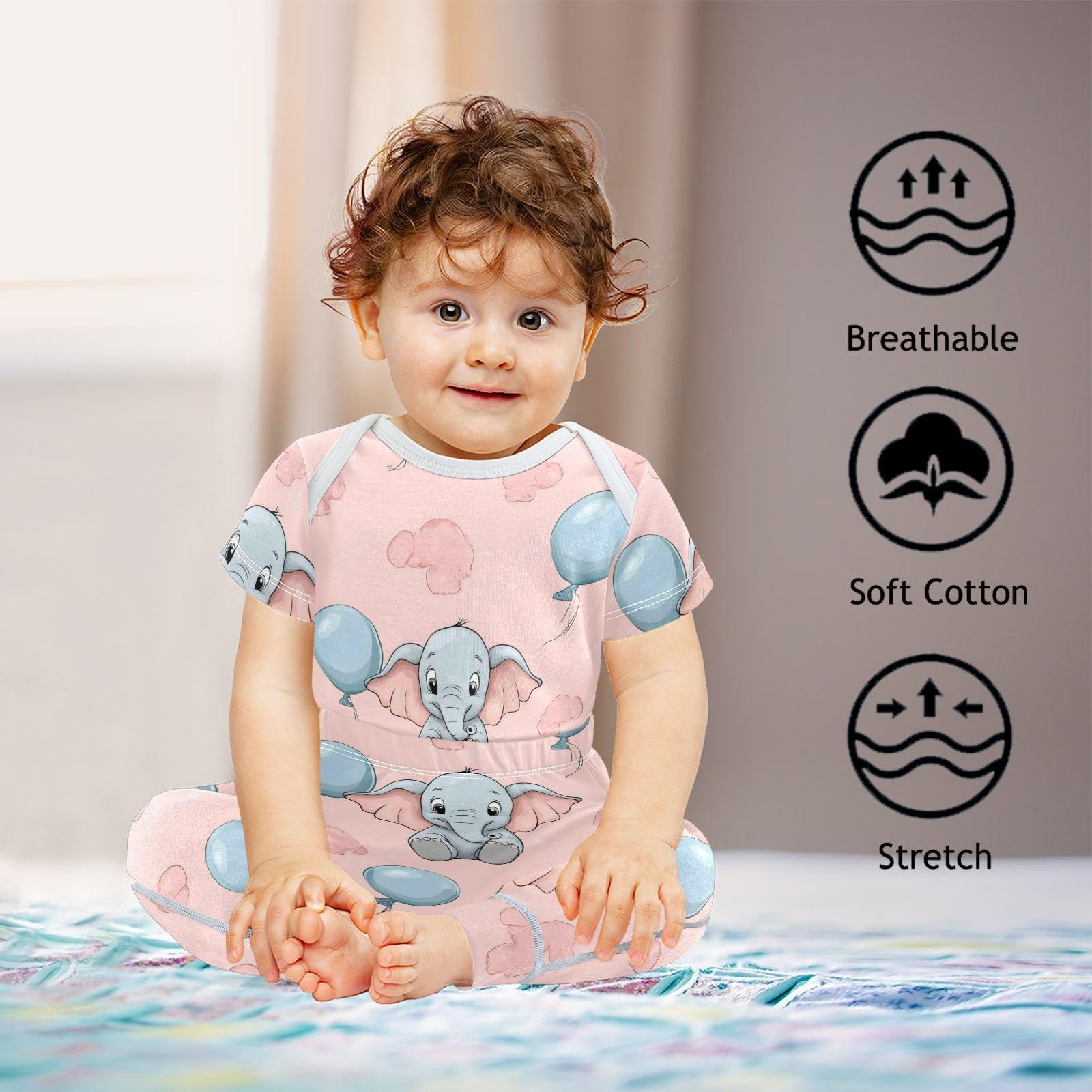 vvfelixl Cartoon Big-eared Dumbo Baby Bodysuits Set,Baby Layette Sets Unisex Short Sleeve Babys Pants Sets 6-9M