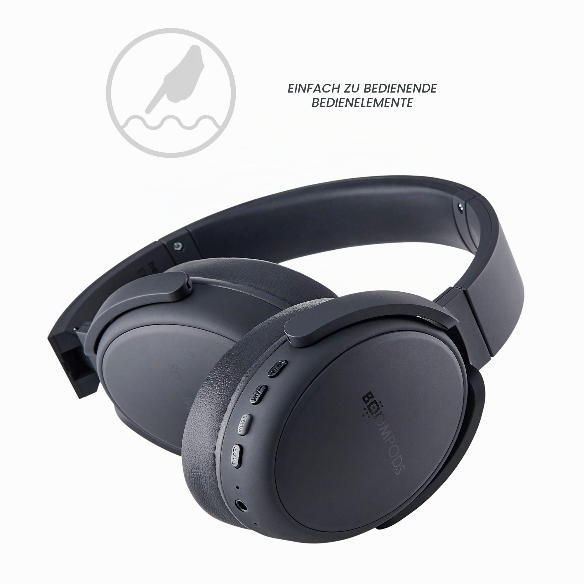 Boompods Headpods ANC Noise Cancelling Kopfhörer - Kabellose Over-Ear Bluetooth Kopfhörer mit Mikrofon, 12 Std-Akkulaufzeit und Pillowfoam Ohrpolster, Faltbares Design mit Reiseetui, Schwarz