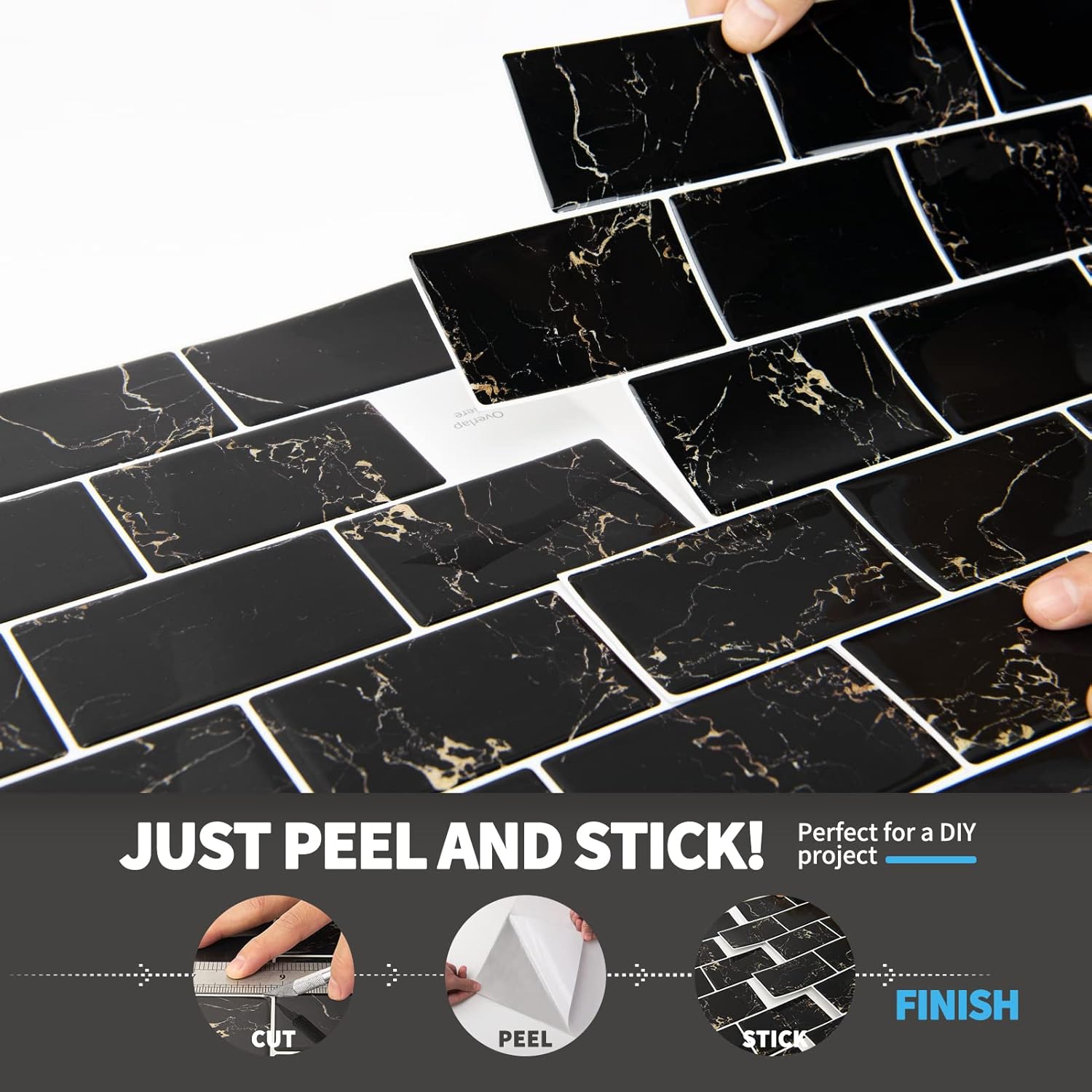 Black Marble Peel and Stick Rectangular Backsplash Tiles