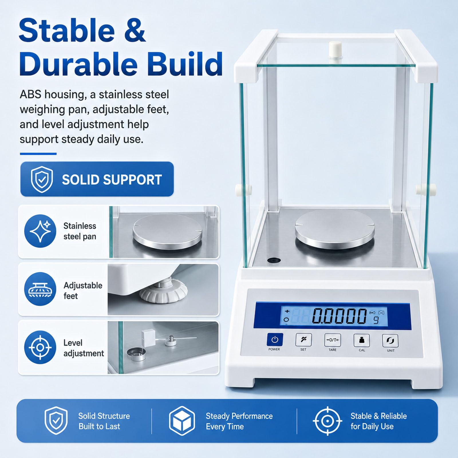 Balanza Analítica con Legibilidad 0,0001 G, Capacidad 100–220 G, Balanza De Laboratorio con Parabrisas De Vidrio De 3 Puertas, Pantalla LCD & Plato De Acero Inoxidable 100g
