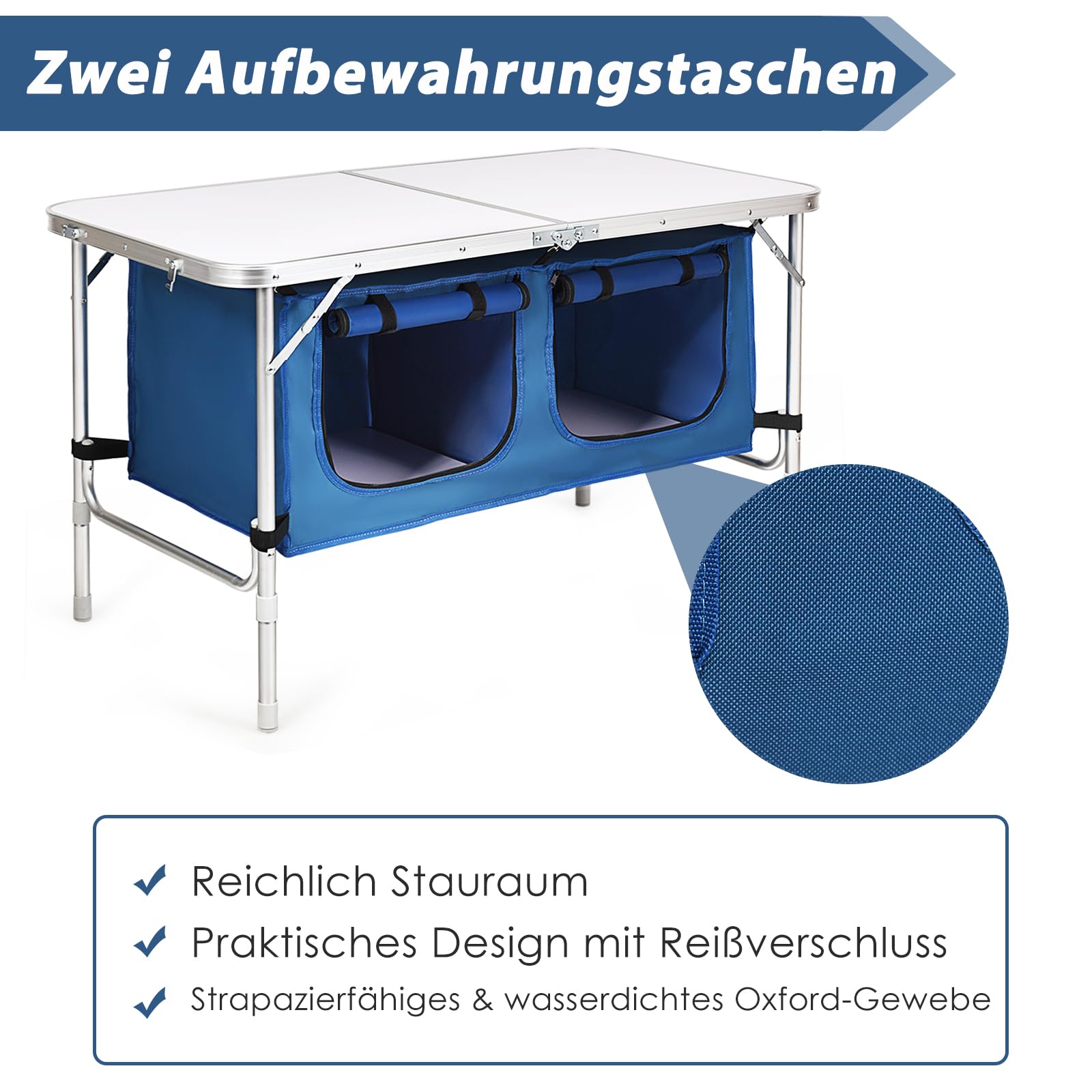 GYMAX faltbar Campingschrank, Campingküche mit großem Stauraum, 2 einstellbare Höhen, Outdoor Alu Picknicktisch Klapptisch Gartentisch für Strand, Garten, Grillparty