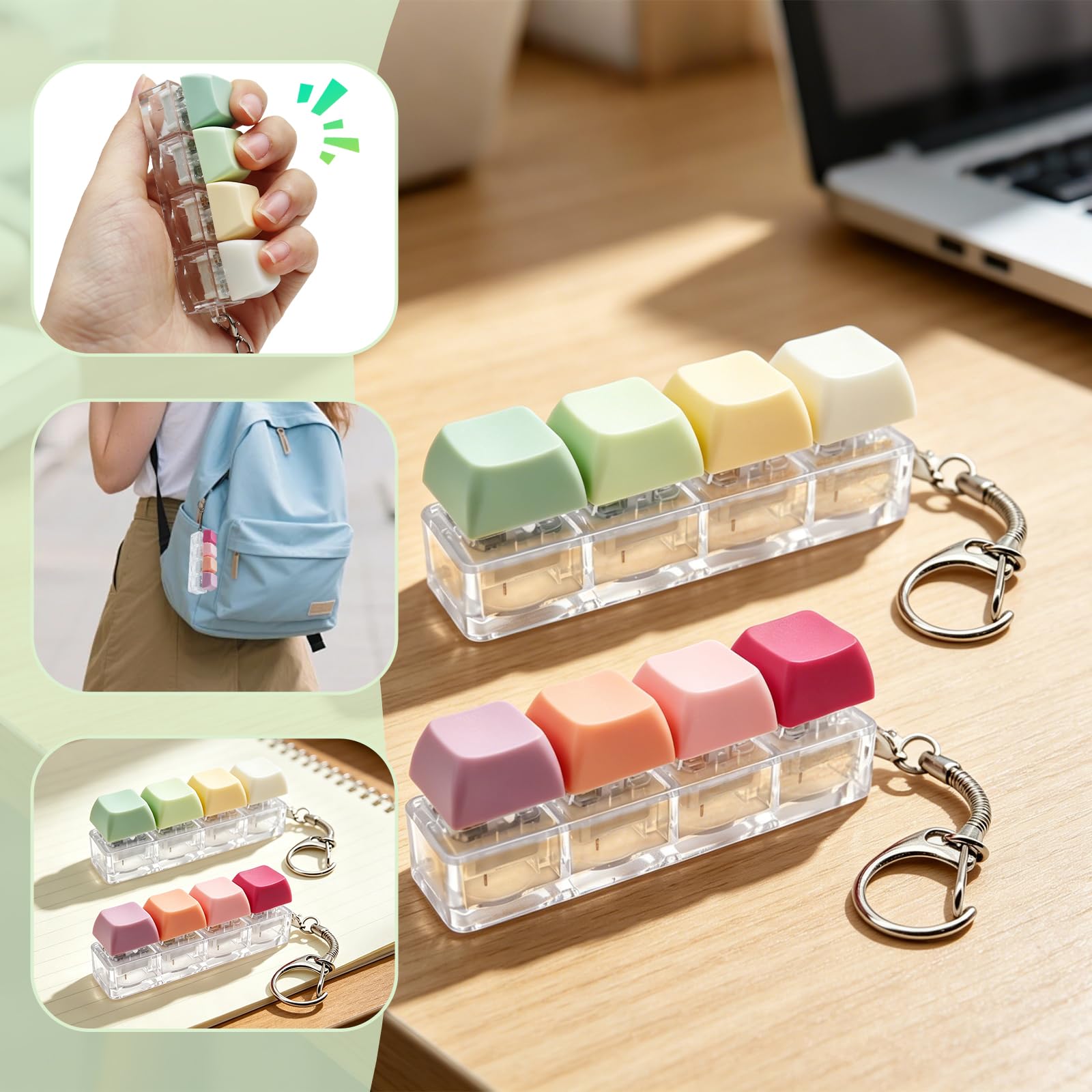 Stalora 2 Pièces Clavier Anti Stress Fidget Toys, Porte-clés Clicker Mécanique avec 4 Boutons Colorés, Mini Objet Satisfaisant pour Soulager l'Anxiété, pour Adultes au Bureau