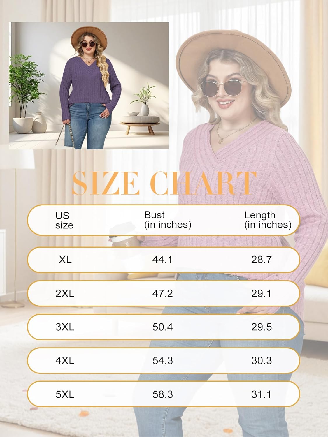 VISLILY Plus-Size-Sweaters for Women Trendy Long Sleeve V Neck Shirts Loose Lightweight Tops Casual Knit Pullover Tunics - Image 7