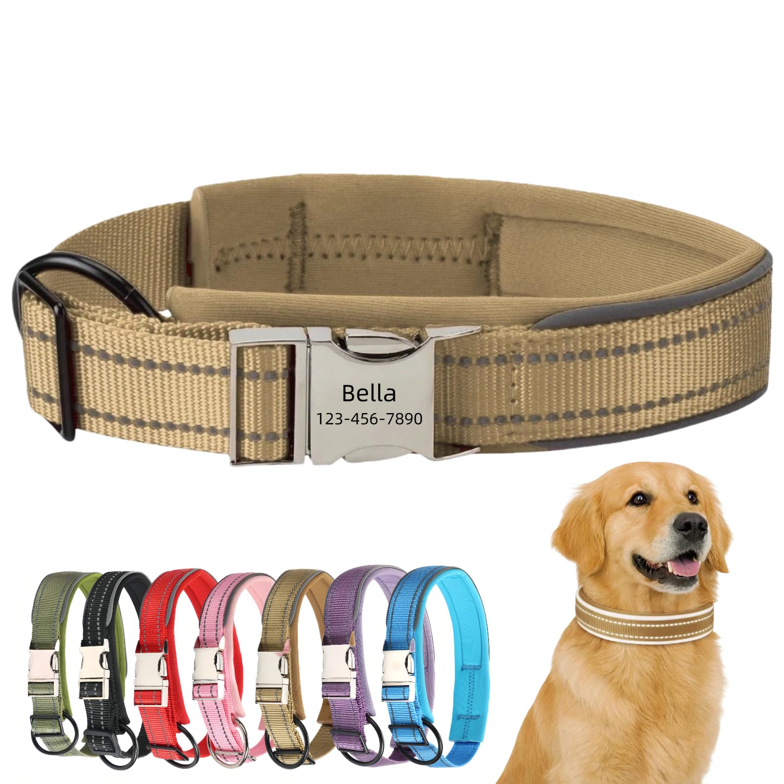Personalised Dog Collar with Custom Engraved Name Plate Reflective Collar with Quick Release Metal Buckle Adjustable Waterproof Soft Padded Nylon for Medium Dogs (Brown, M) — image 1