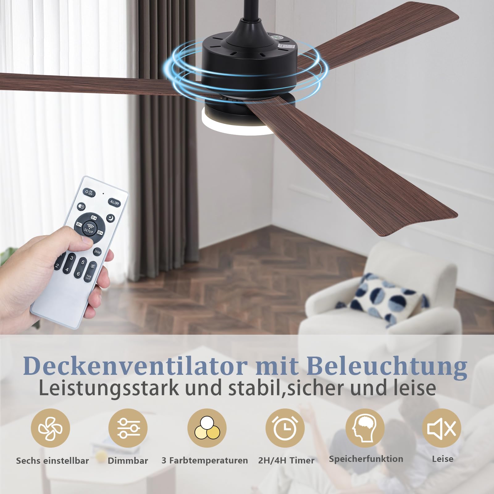 Homefire Ventilateur de plafond LED 131 cm avec éclairage, silencieux, 3 pales, télécommande