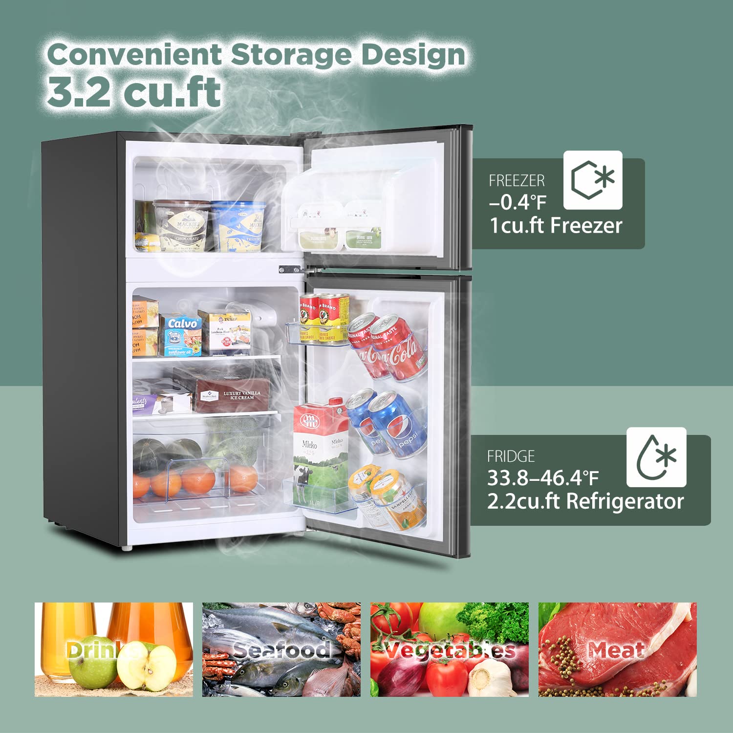 3.2 Cu.Ft. Mini Fridge With Freezer Retro 2 Door Refrigerator And Freezer Low Noise, Energy-Efficient,7 Temperature Modes,Compact Small Fridge For Bedroom Home Office Dorm,Black on Fridge.com - View 3