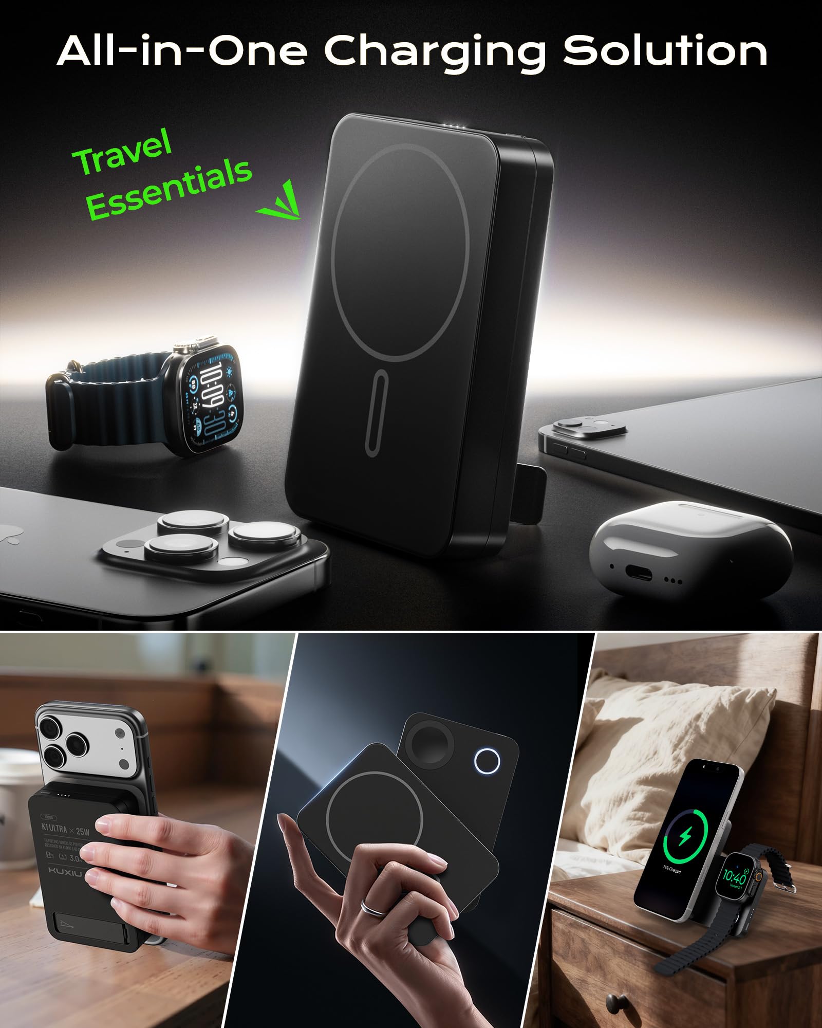 KU XIU Qi2.2 25W Magnetico Power Bank 10000mAh per iPhone e Apple Watch | 3-in-1 Wireless Powerbank con Supporto, Compatibile con Magsafe, 30W USB-C Ricarica Rapida, per iPhone & iWatch & Airpods