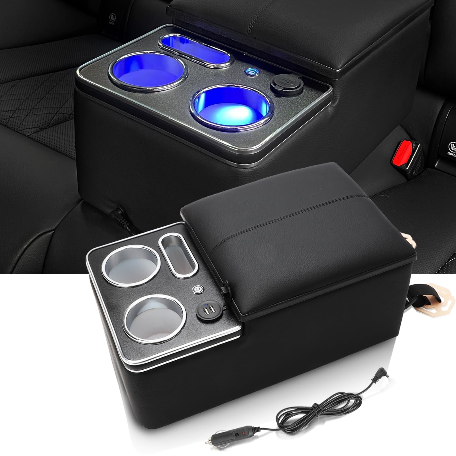 Upgrade Center Console Organizer with Cup Holder& Phone Holder for Car & Van & Truck Floor Cab Back Bench Seat Armrest Middle Storage Box - Black