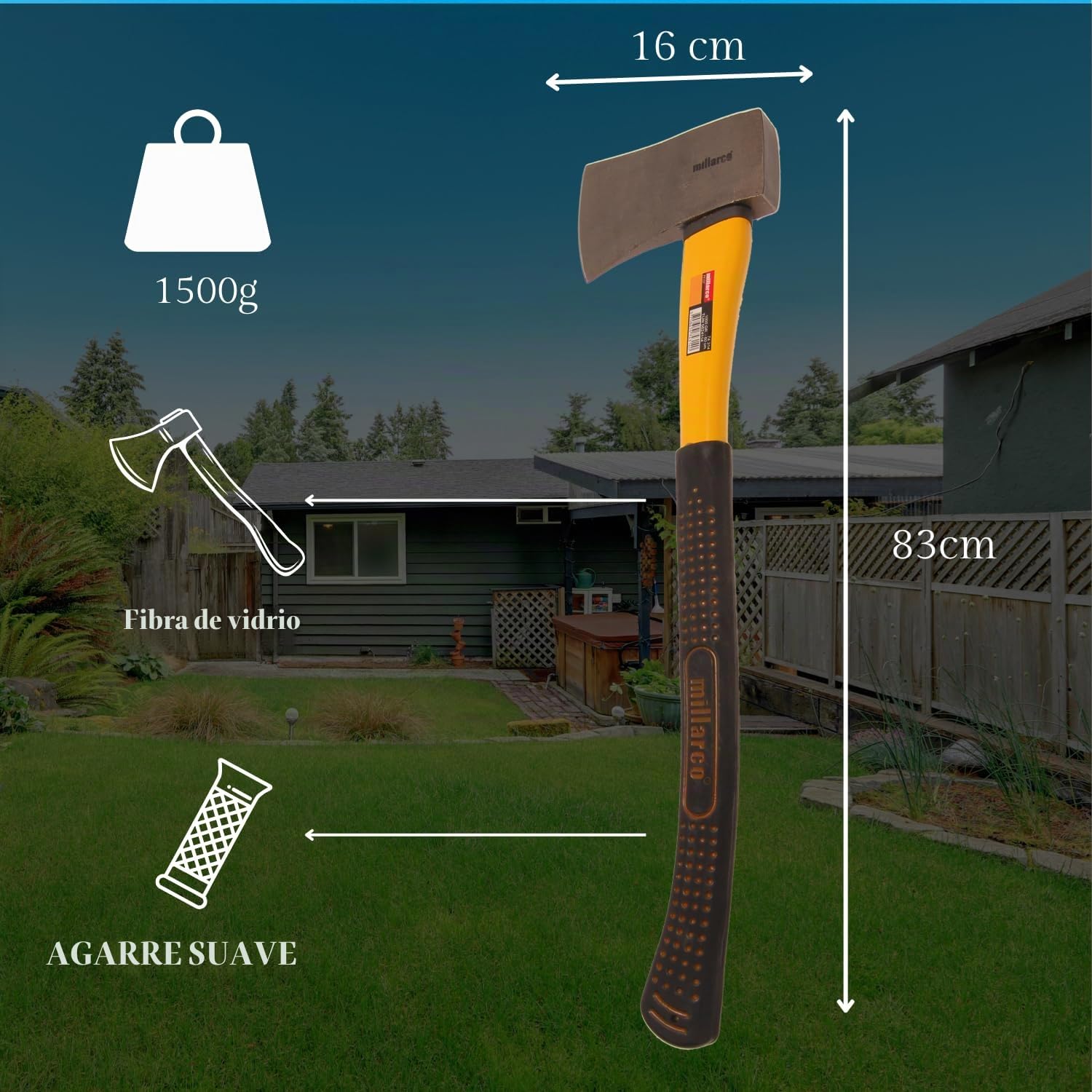 Home It® Hacha de Fendado 1500 g – Mango de Fibra de Vidrio con Agarre Antideslizante – 83 cm – Ideal para Jardinería, Leña y Pequeñas Talas