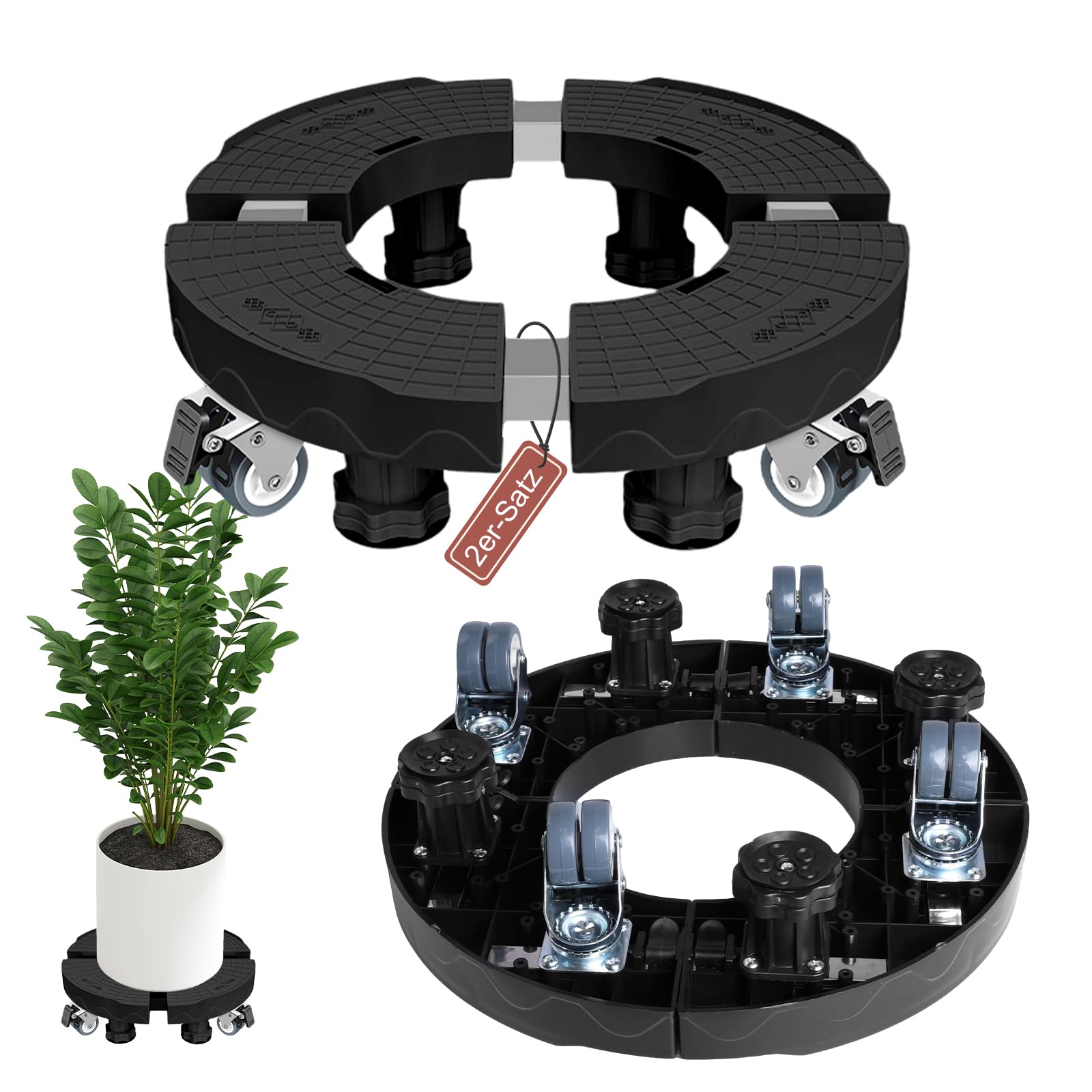 Rouleaux de Plantes Réglables 38-50 cm, Lot de 2 Plateaux Roulants Capacité de Charge 250 kg Chariot de Plantes avec Roues Pivotantes à 360° pour Grands Pots de Fleurs à l’Intérieur et à l