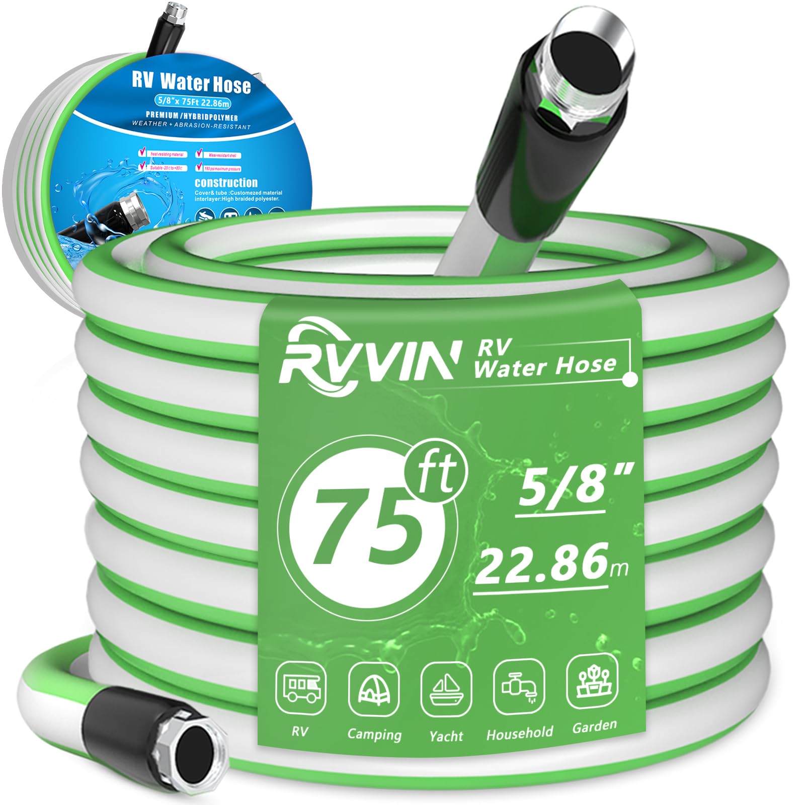 RVVIN 75 FT RV Water Hose, 5/8'' Diameter, New Upgraded Splicing Drinking Water Tube