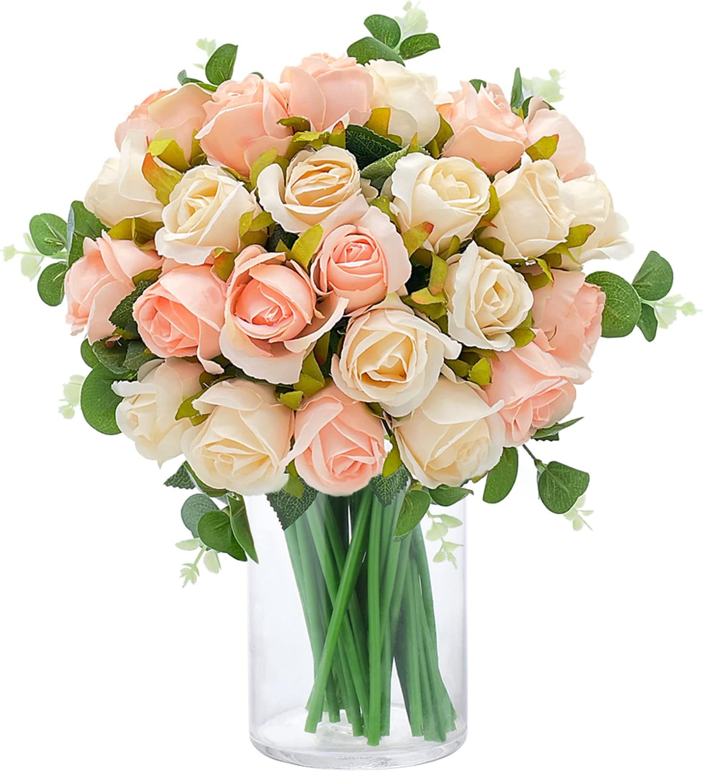Artificial Flowers Roses 24 Heads &9-Petal Eucalyptus Leaves Silk Flowers for Wedding Fake Flowers Party Holiday (Champagne and Pink