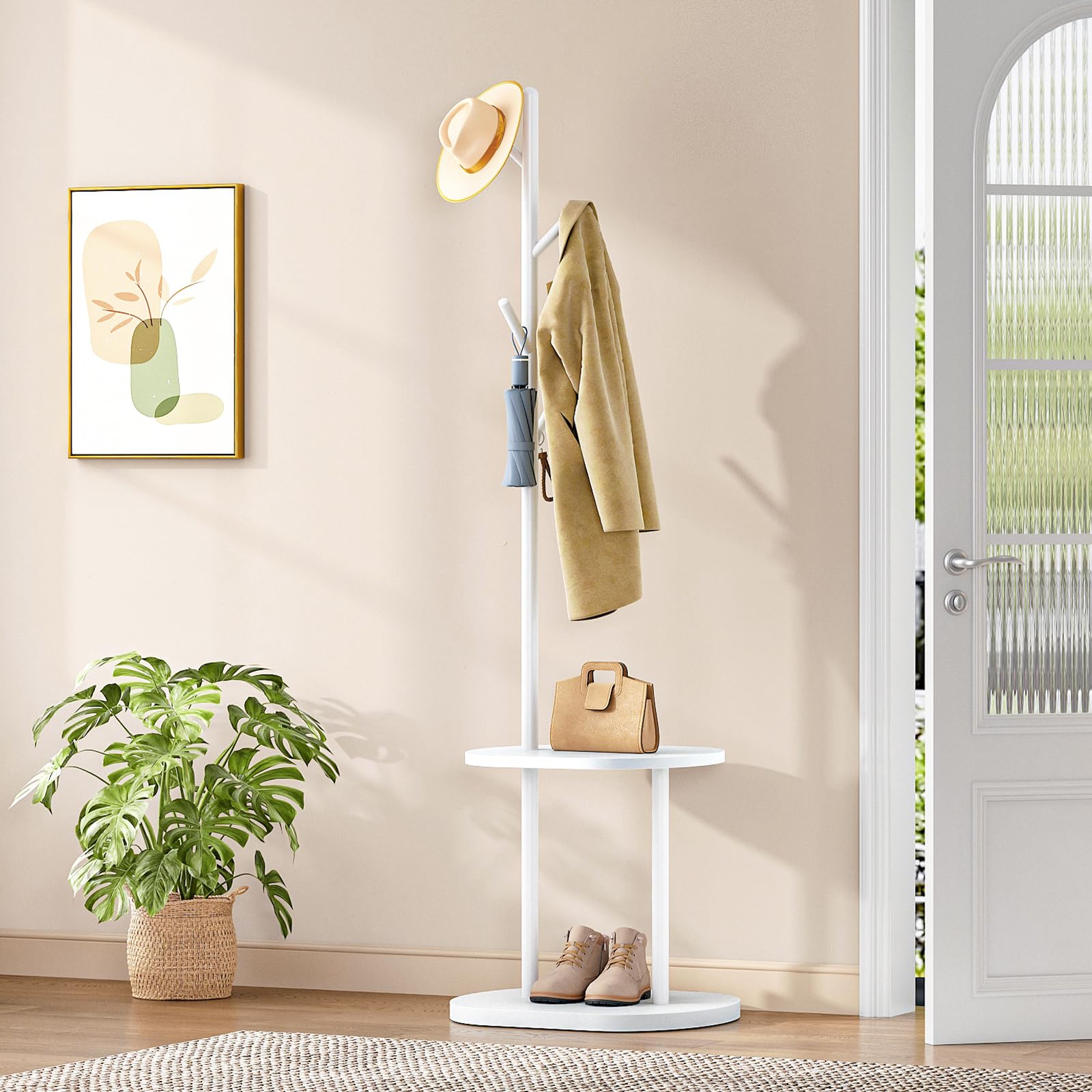 HOOBRO Perchero con 4 Ganchos, Perchero de Pie para Entrada con 2 Estantes, Colgador para Ropa, Sombreros y Bolsos, Adecuado para Dormitorio, Sala y Pasillo, Blanco EWT50YM01