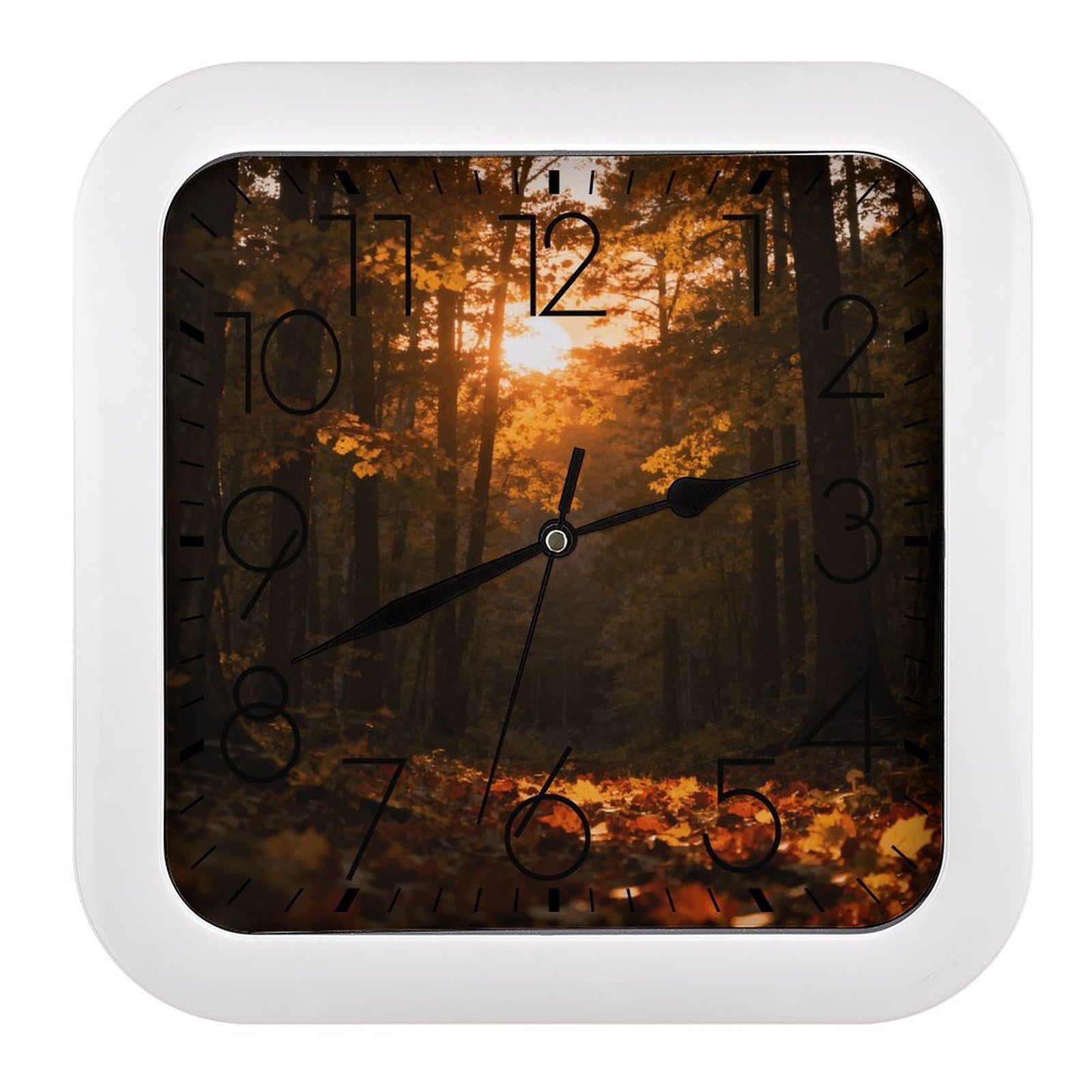 Horloge murale carrée motif forêt coucher de soleil rétro et silencieuse à piles