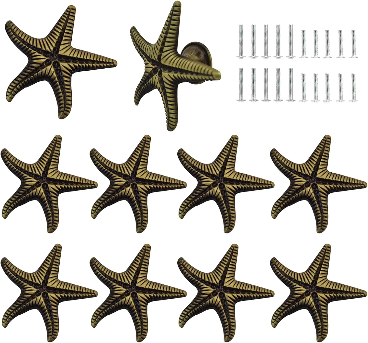 Antique Drawer Knobs & Pulls – 10-Pack Vintage Decorative Cabinet Hardware (Bee, Flower, Butterfly, Starfish Designs) (Starfish Design)