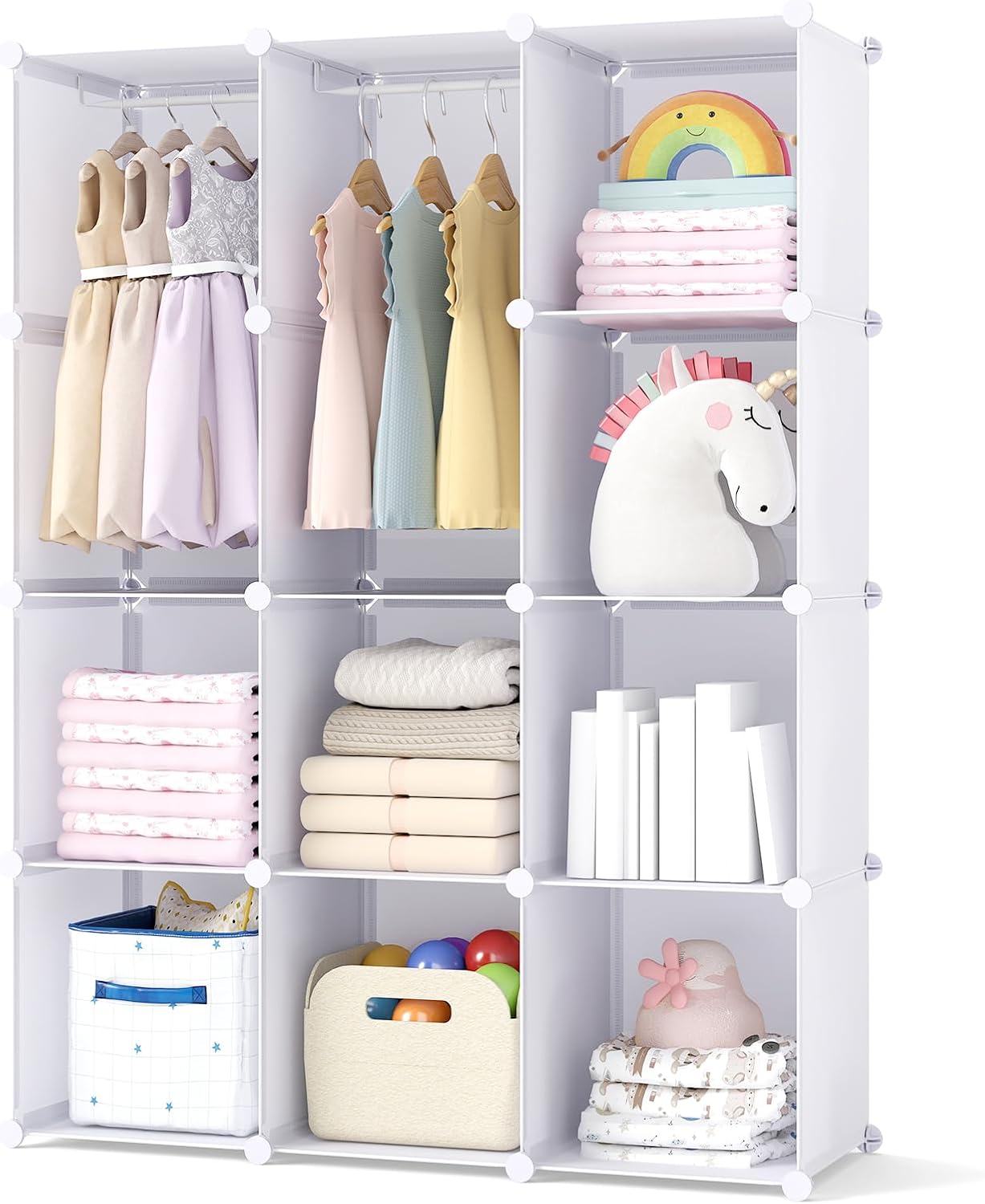 Costzon Modular Baby Wardrobe Closet, 10-Cube DIY Plastic Kids Storage Organizer with Hanging Rods & Open Shelves for Clothes, Portable Stackable Storage Solution for Nursery, Bedroom (White)