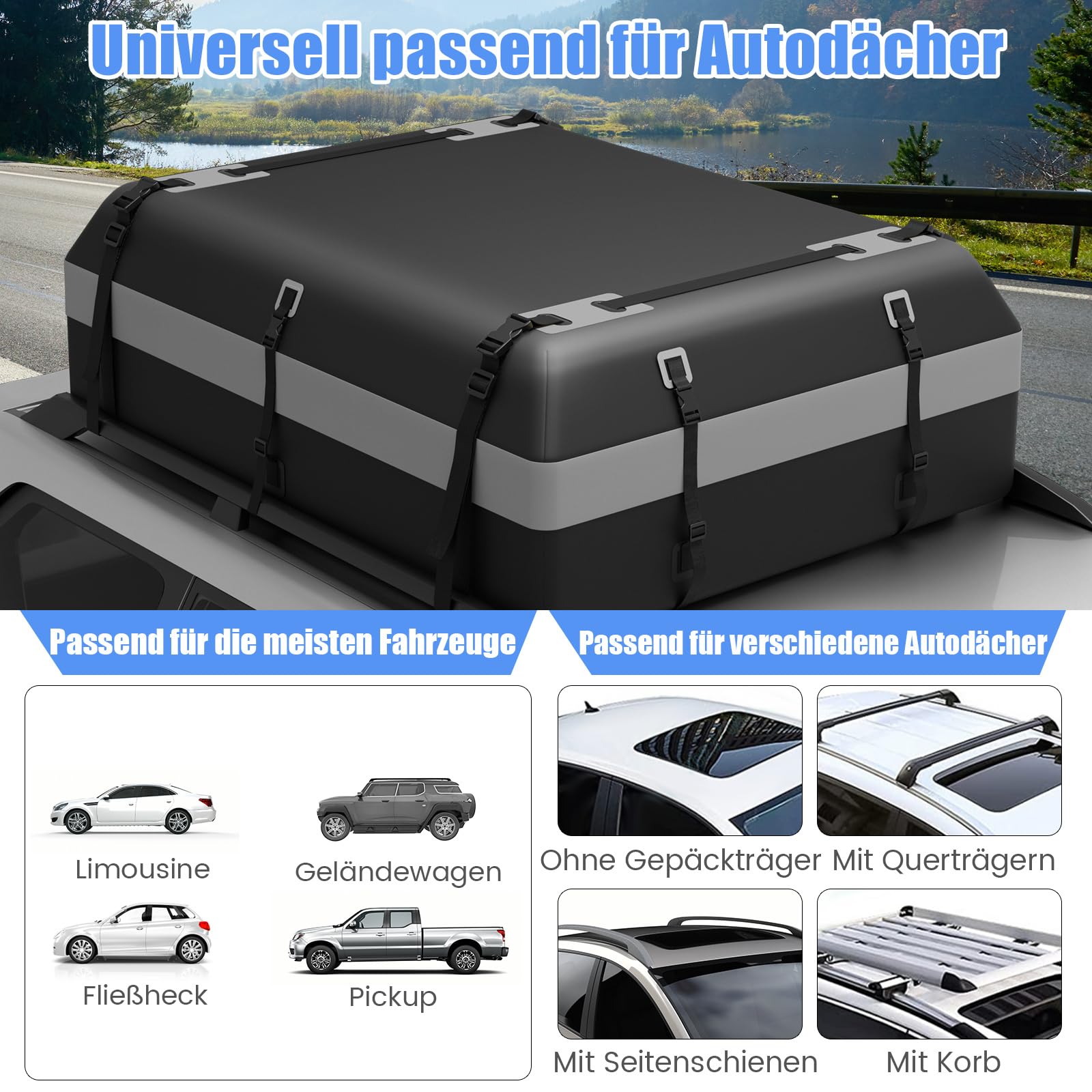 COSTWAY 600L Dachbox für Auto, 600L Dachkoffer wasserdicht mit 6 Türhaken, Zahlenschloss, Rutschfester Matte & Tragetasche, Faltbare Dachtasche Gepäckbox für Autos, Vans, SUVs (Grau)