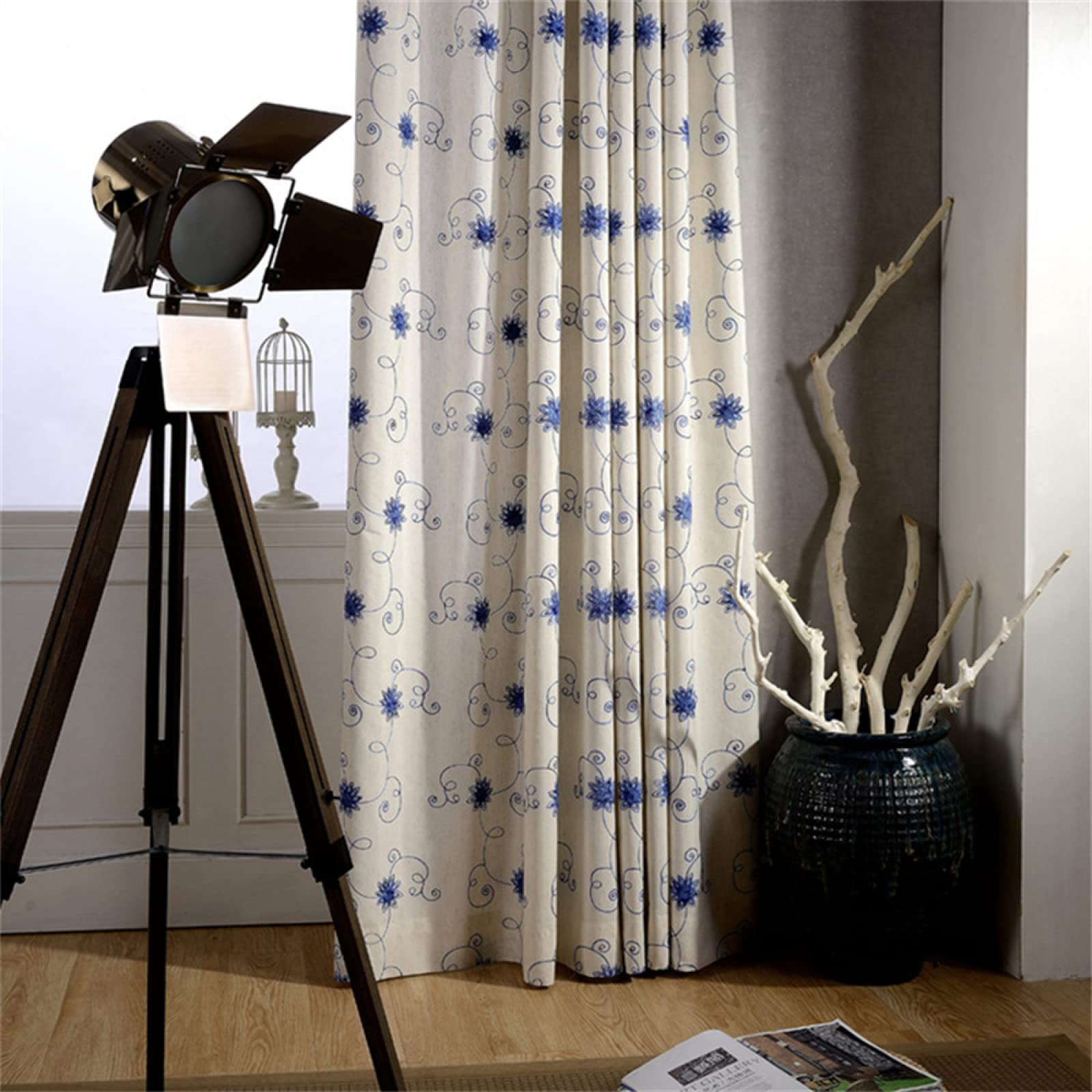 Translúcida Cortinas Visillo con Ollaos, Flor bordada azul cortina de voile con bordadas,juego de 1 cortinas, de la luz Solar Mientras Protege Algo de privacidad para salón Habitacion 1x220x270CM