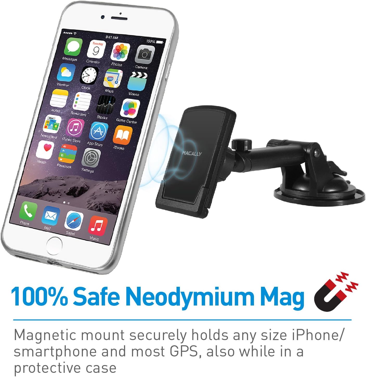 Macally Magnetic Dashboard/Windshield Suction Cup Car Phone Mount Holder with Extendable Telescopic Arm for iPhone Xs XS Max XR X 8 8+ 7 7+ 6s Plus 6 Samsung Galaxy S9 S9+ S8 S7 Edge Note 5 (TELEMAG)