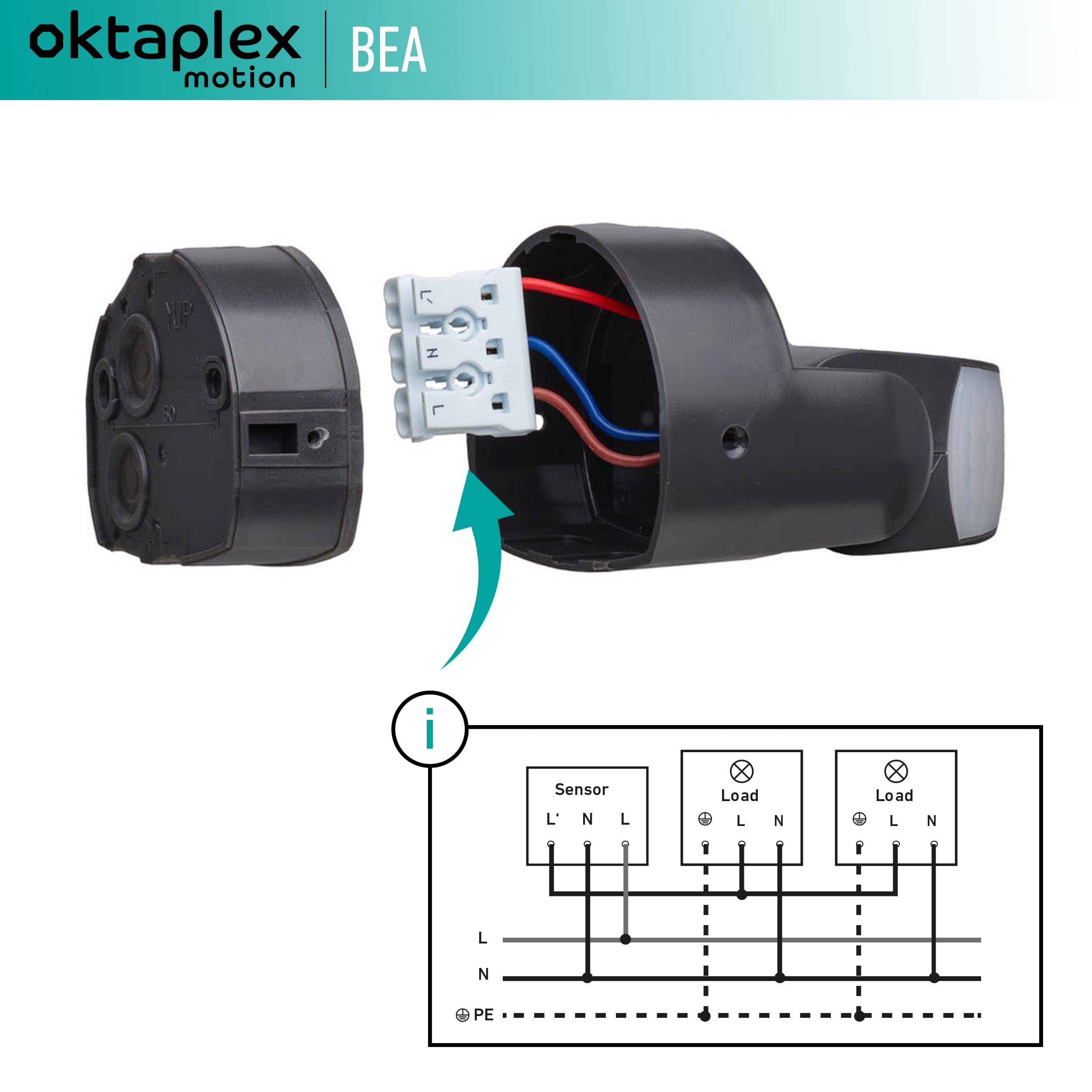 Oktaplex Bea détecteur de Mouvement extérieur IP65 | PIR à 180° avec portée de 12 m, orientable avec détecteur crépusculaire pour montage en saillie