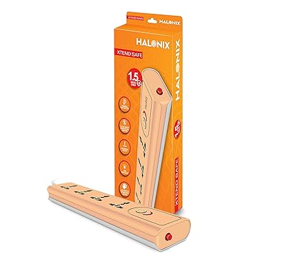 Halonix Xtend Safe Power Strip with 4 Universal Socket, Shock Proof Body,On-Off Indicator,Child Safety, 1.5 Meter Cord (Orange)
