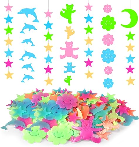 Estrellas coloridas 4 temas que brillan en la oscuridad osos, delfines, flores sonrientes y estrellas, 105 unidades para la decoración de