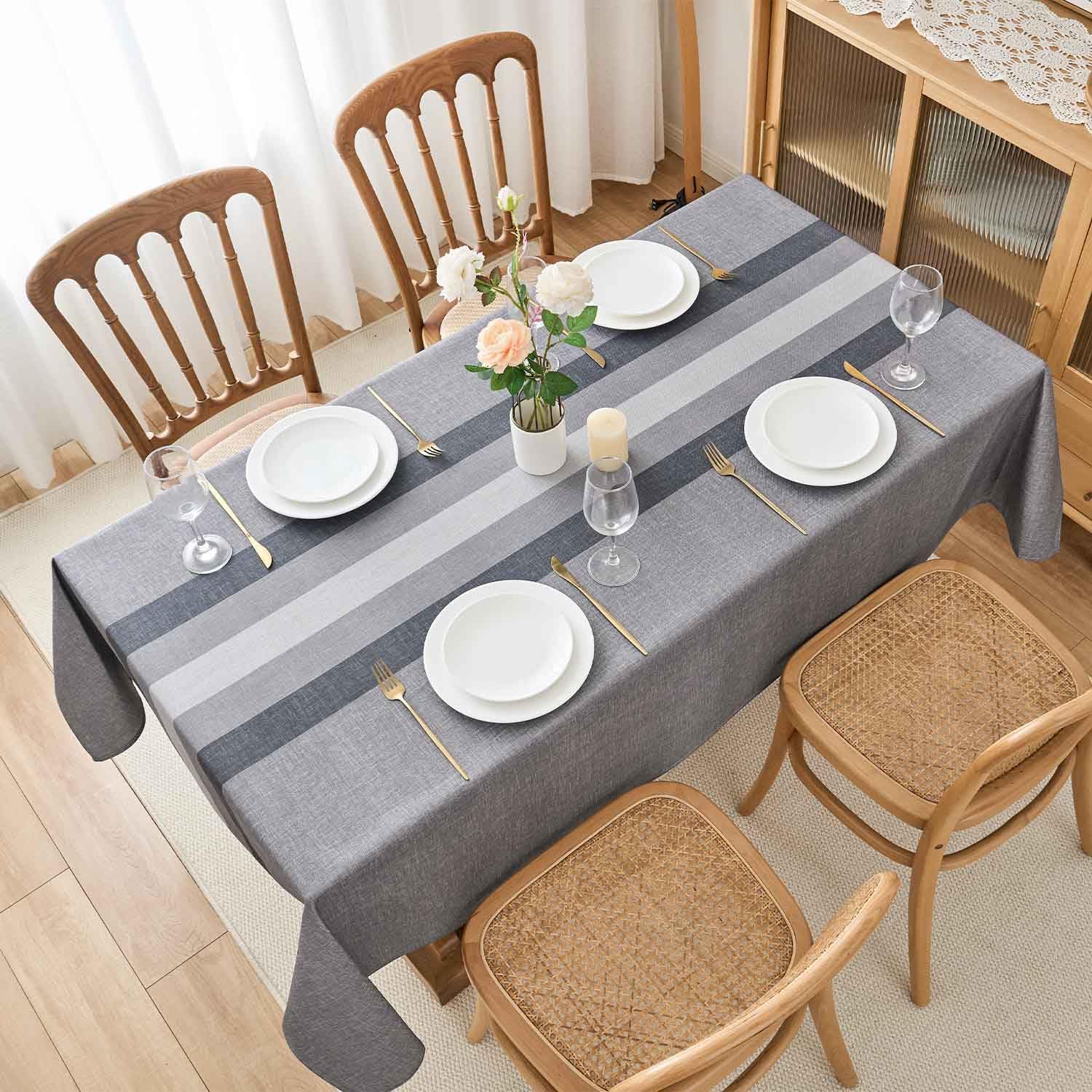 Tovaglia Antimacchia 240 x 140 cm Grigio Blu Strisce Autunnale Moderna Rettangolare Lavabile Impermeabile Effetto Lino Tovaglie per Cucina Ristorante Giardino Esterno Feste