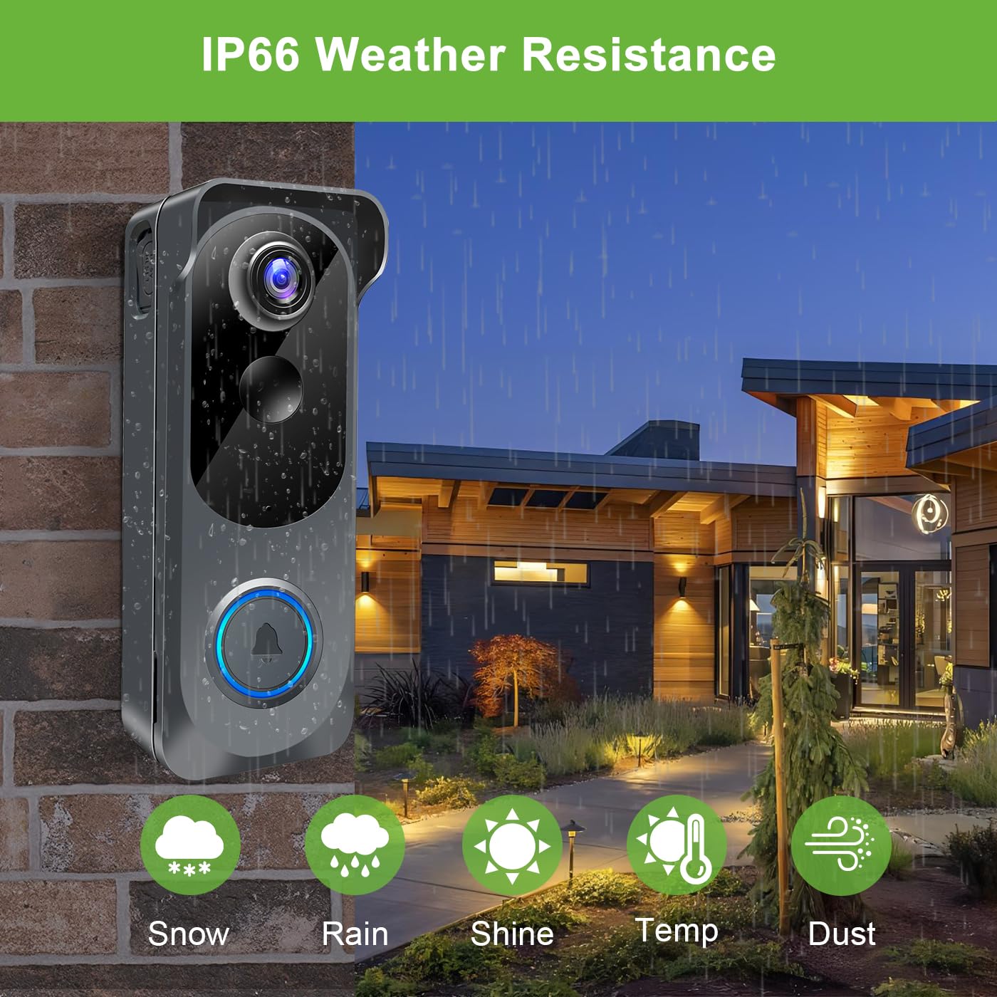 KAMEP Cámara de timbre de video inalámbrica, cámara inteligente WiFi 2K HD, detección de movimiento PIR, audio bidireccional, visión nocturna, funciona con pilas, impermeable IP66, interior y exterior