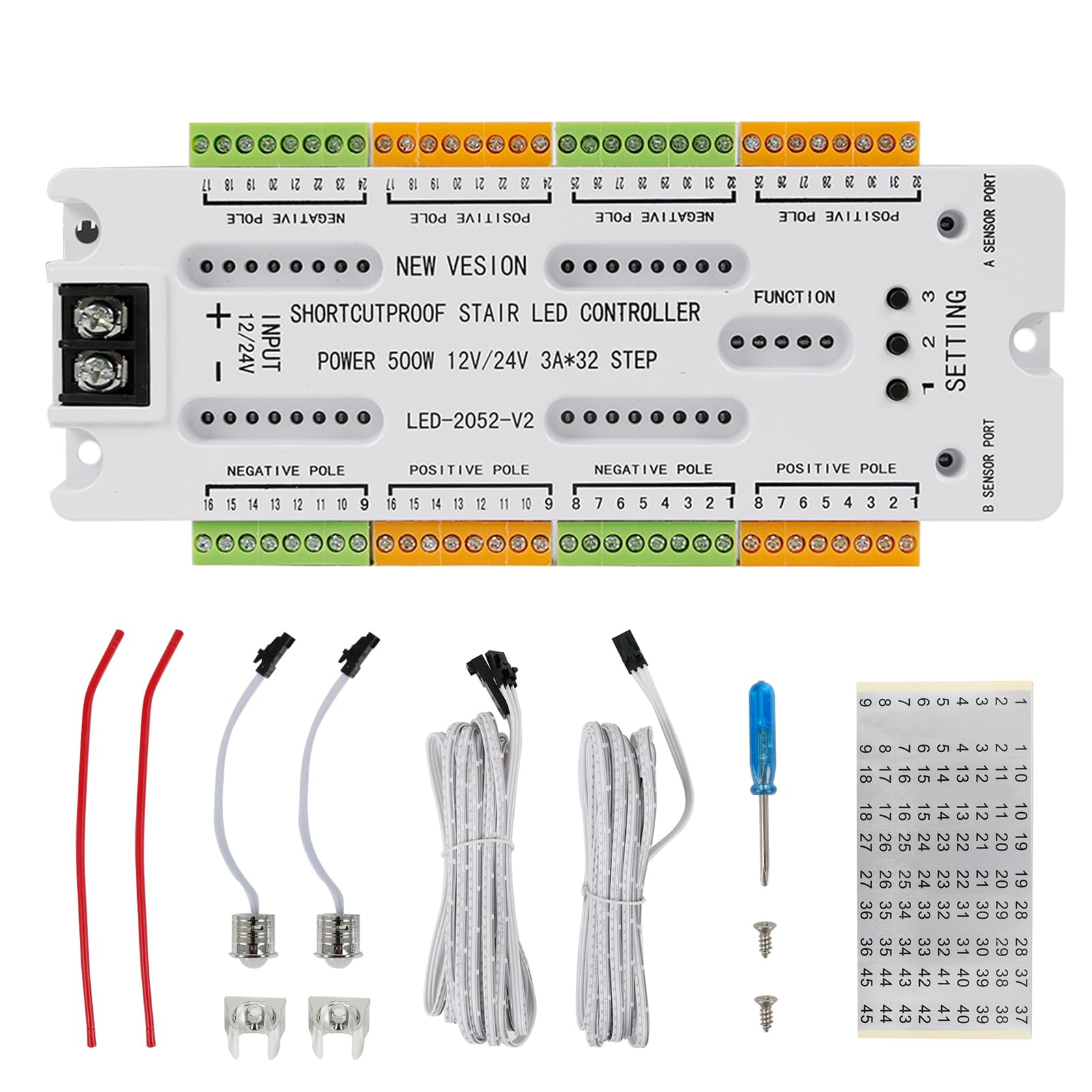 Copgge 32 Channel Motion Sensor LED Stair Controller Automatic Staircase Lighting Controller Short Circuit Proof Stairway Step Light Controller Adjustable Brightness for Indoor Under Stair Lighting