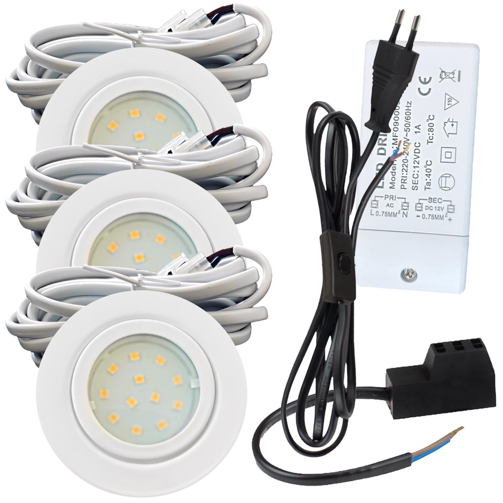 3er Set LED Einbauspot Leni 12V 2,2W Neutralweiß 4000K Weiß | IP44 Ø72mm flach | 240lm je Leuchte | Mit Trafo, AMP-Verteiler & 230V Zuleitung inkl. Schnurschalter | Für Küche & Möbelbeleuchtung