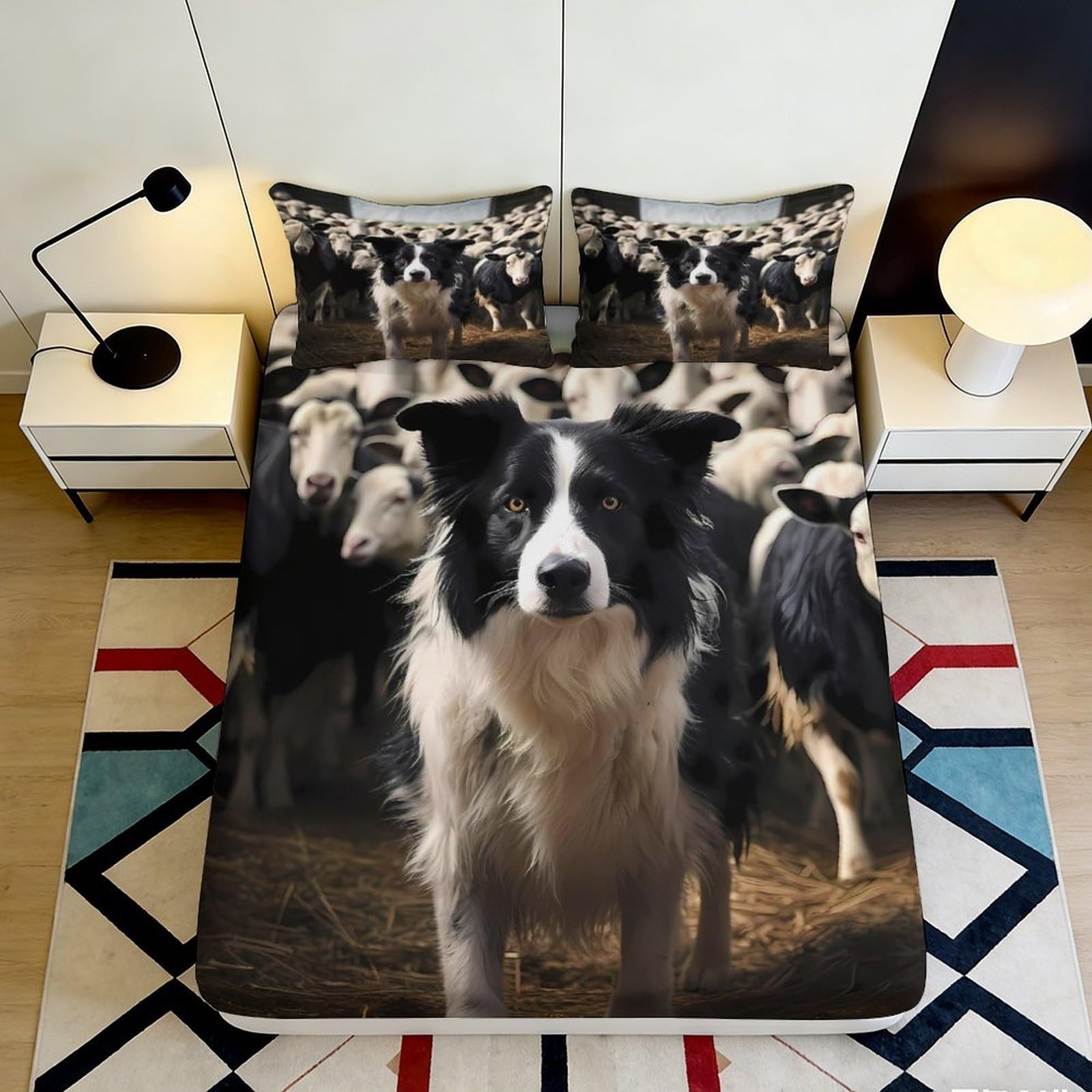 3D Printed Border Collie Sheep Fitted Sheet Microfiber Non-Slip Mattress Cover for Bedroom Dorm Decor, Easy Care 90x200x25cm