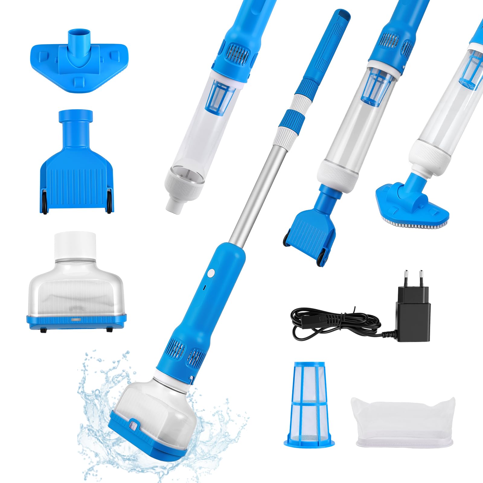 Aspirador de Piscina a Bateria, Limpiafondos para Piscina Recargable 3 en 1 con Poste Telescópico Ajustable (120cm-185cm), Tiempo de Funcionamiento 70 Minutos Aspiradora de Piso de Piscina