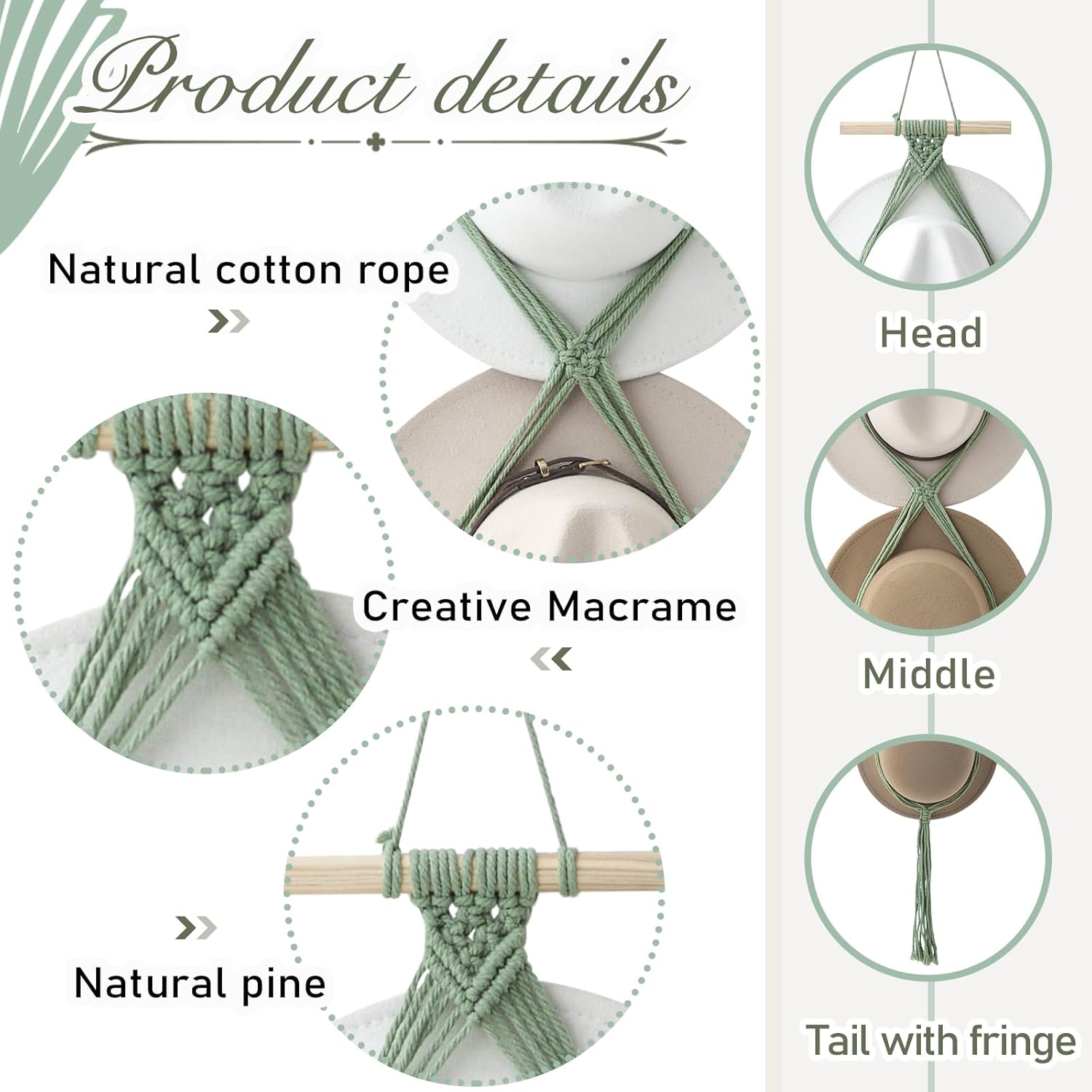 Yulejo Macrame Hat Hangers Boho Hat Rack Cowboy Hat Hanger Back of Door Hat Organizer (Sage Green,Four Hats Style) thumbnail