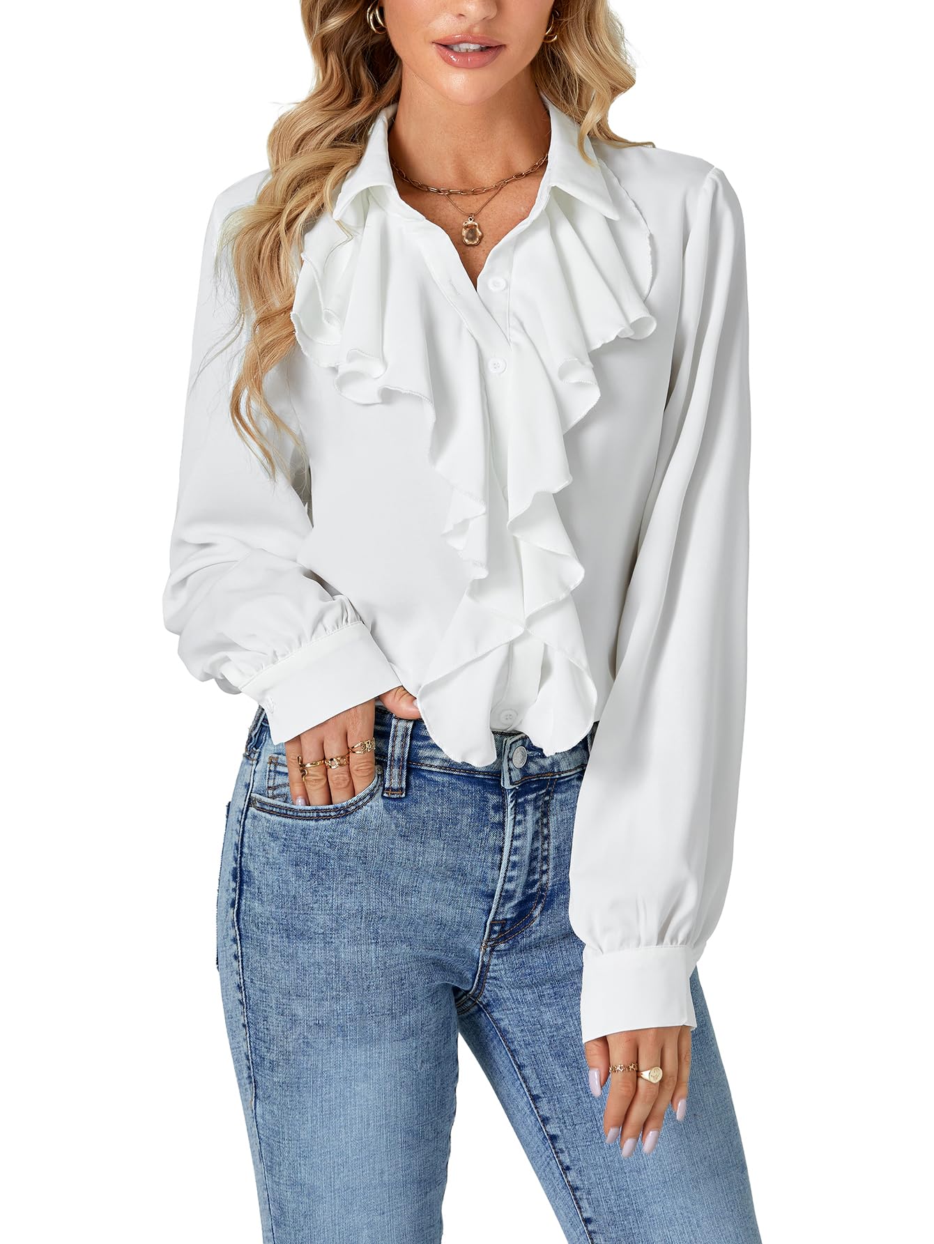 LYANER Women's Dressy Ruffle Blouse Long Sleeve Collar Neck Button Down Victorian Shirt Tops, White, M