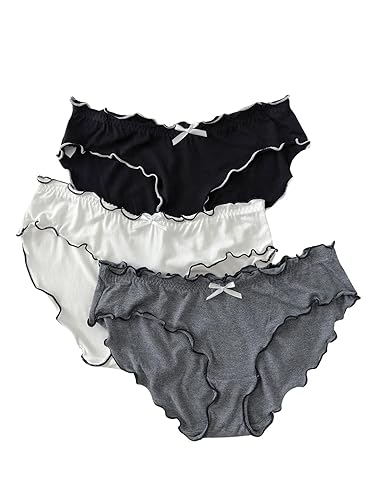 Verdusa Women's 4pack Frill Trim Satin Underwear Briefs Panty Set - X-Large - Black/White/Grey