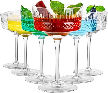 Vintage Art Deco Coupe Glasses Set of 6, 10 oz Martini Glasses, Coupe Cocktail Glasses,Elegant Hand Blown Manhattan Goblet for Bar, Champagne, Martini, Cosmopolitan, Gimlet, Pisco Sour