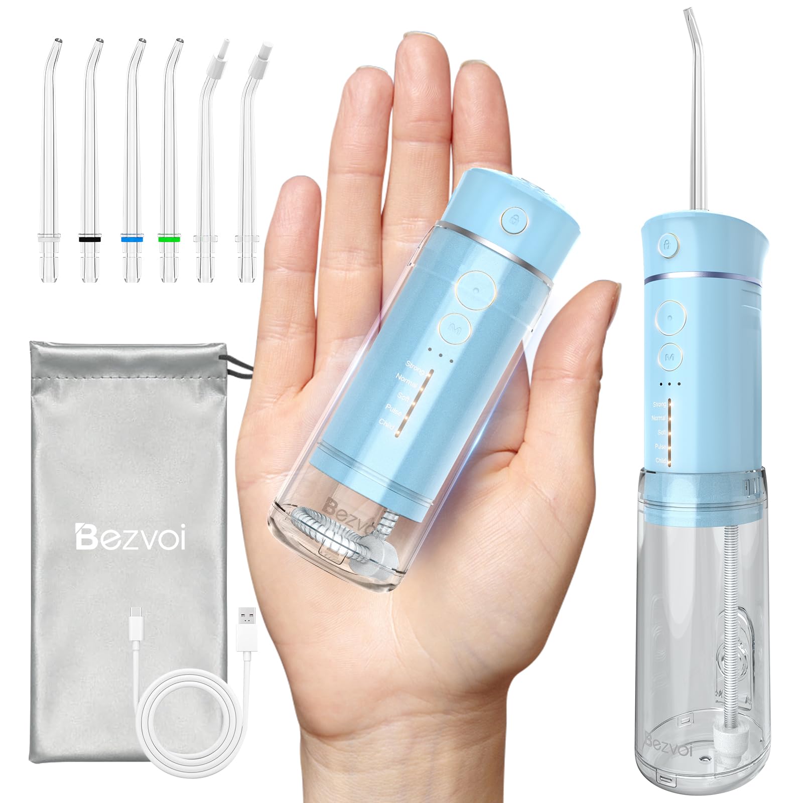 Bezvoi Irrigador Dental Portátil Bezvoi, Mini Inalámbrico 5 Modos, Depósito ExtraÃble, IPX7 Impermeable, Limpiador Bucal Recargable para Ortodoncia y Dientes Sensibles, Azul