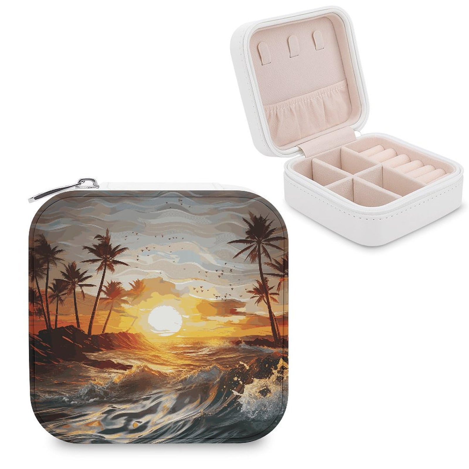 VstaDank Palm Trees Ocean Waves Sunset Jewelry Box Beautiful Portable Ring Boxes Cute Large-Capacity Jewelry Case Jewelry Organizer for Mothers Gifts for Earrings Rings Hand Bracelet